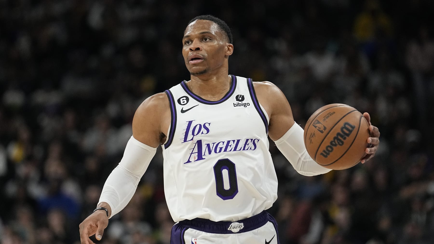 Los Angeles Lakers guard Russell Westbrook (0) during the second half of an NBA basketball game against the San Antonio Spurs in San Antonio, Saturday, Nov. 26, 2022. (AP Photo/Eric Gay) Los Angeles Lakers guard Russell Westbrook (0) during the second half of an NBA basketball game against the San Antonio Spurs in San Antonio, Saturday, Nov. 26, 2022. (AP Photo/Eric Gay)