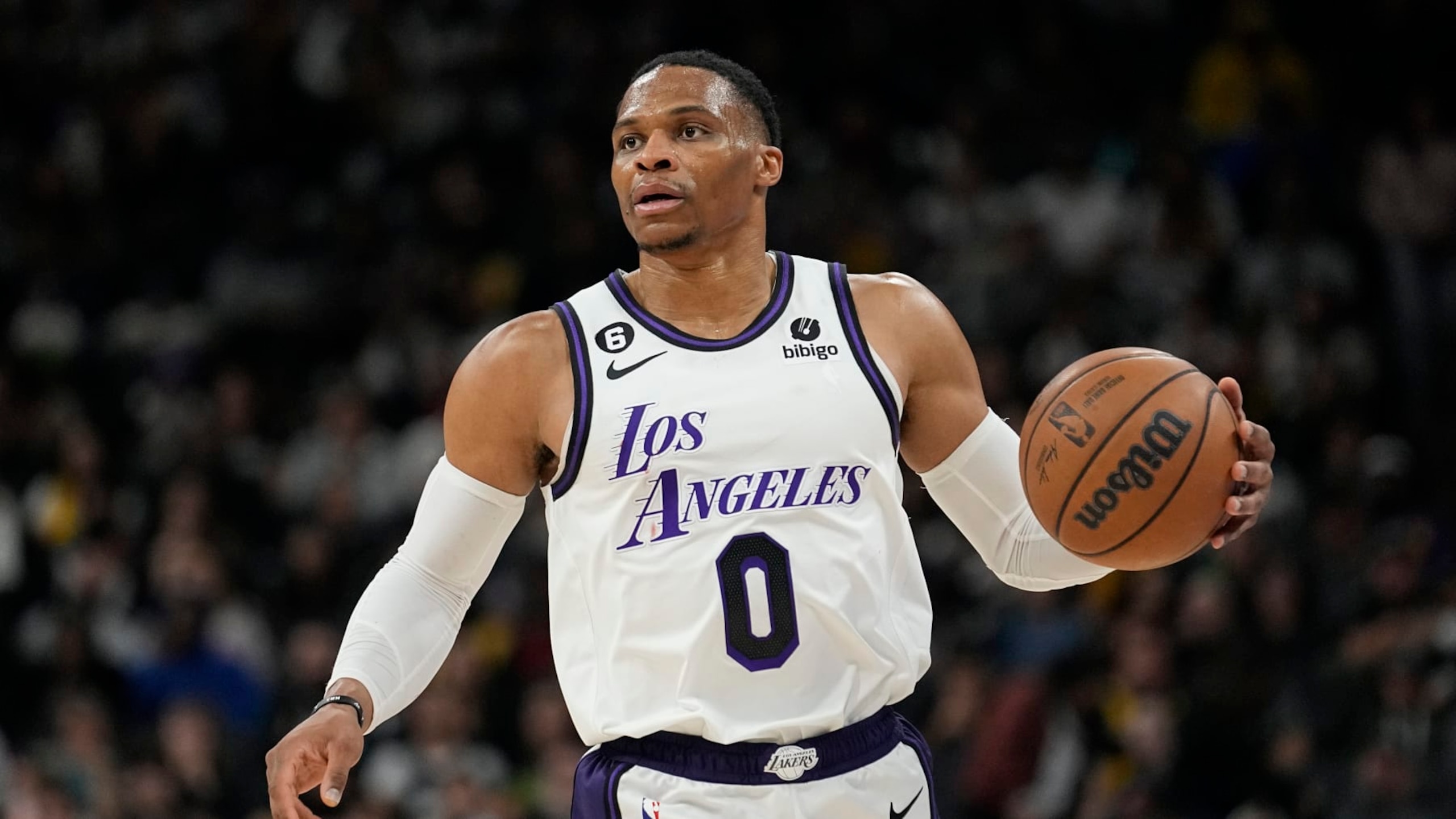 Los Angeles Lakers guard Russell Westbrook (0) during the second half of an NBA basketball game against the San Antonio Spurs in San Antonio, Saturday, Nov. 26, 2022. (AP Photo/Eric Gay)
