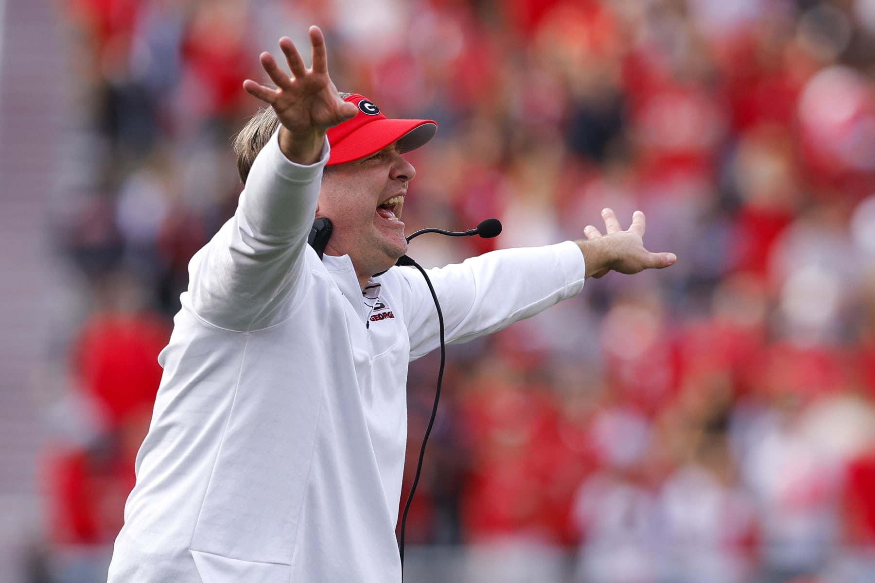 ATHENS, GA - NOVEMBER 26: Head coach Kirby Smart of the Georgia Bulldogs reacts in the second half against the Georgia Tech Yellow Jackets at Sanford Stadium on November 26, 2022 in Athens, Georgia. (Photo by Todd Kirkland/Getty Images)