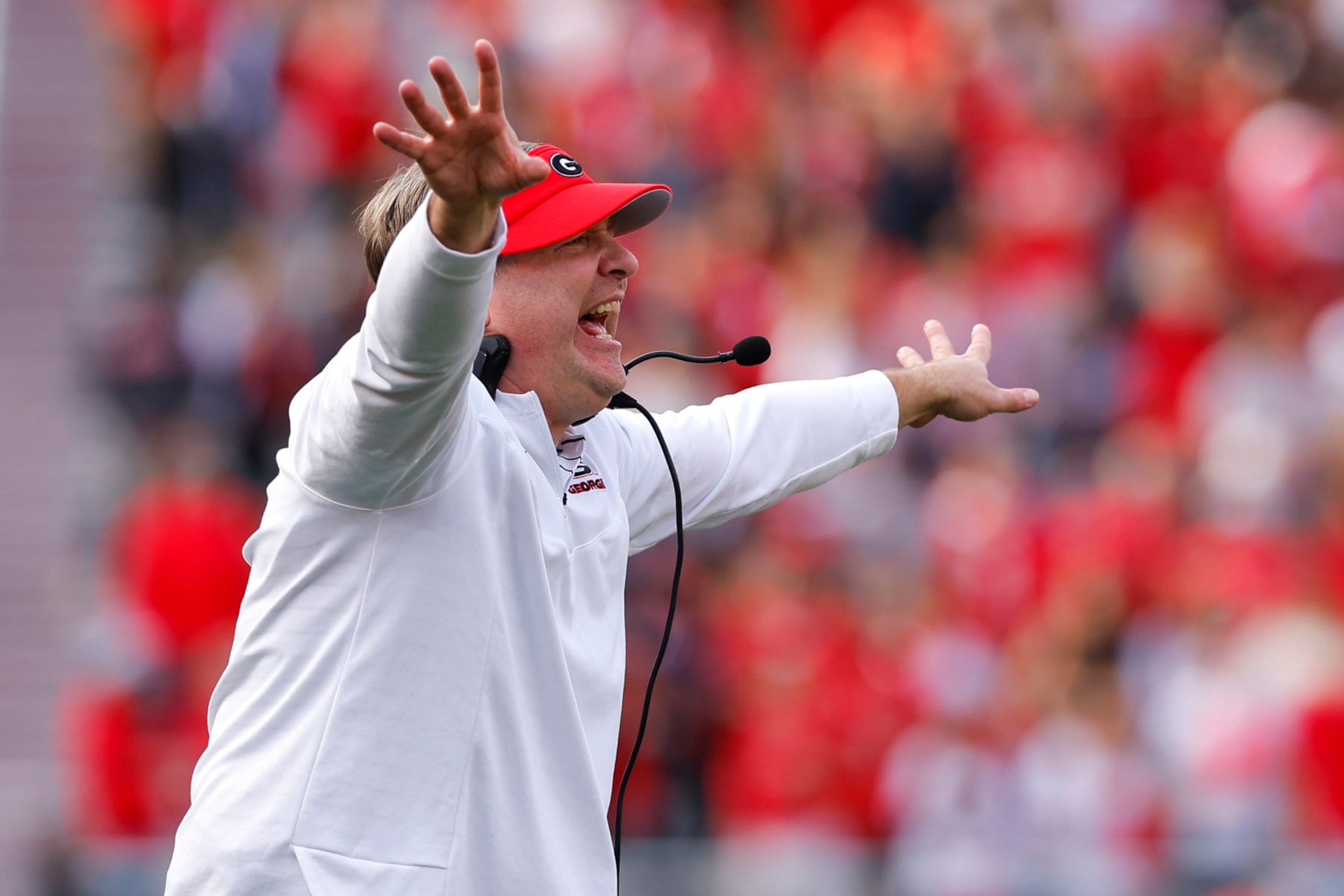 ATHENS, GA - NOVEMBER 26: Head coach Kirby Smart of the Georgia Bulldogs reacts in the second half against the Georgia Tech Yellow Jackets at Sanford Stadium on November 26, 2022 in Athens, Georgia. (Photo by Todd Kirkland/Getty Images) ATHENS, GA - NOVEMBER 26: Head coach Kirby Smart of the Georgia Bulldogs reacts in the second half against the Georgia Tech Yellow Jackets at Sanford Stadium on November 26, 2022 in Athens, Georgia. (Photo by Todd Kirkland/Getty Images)