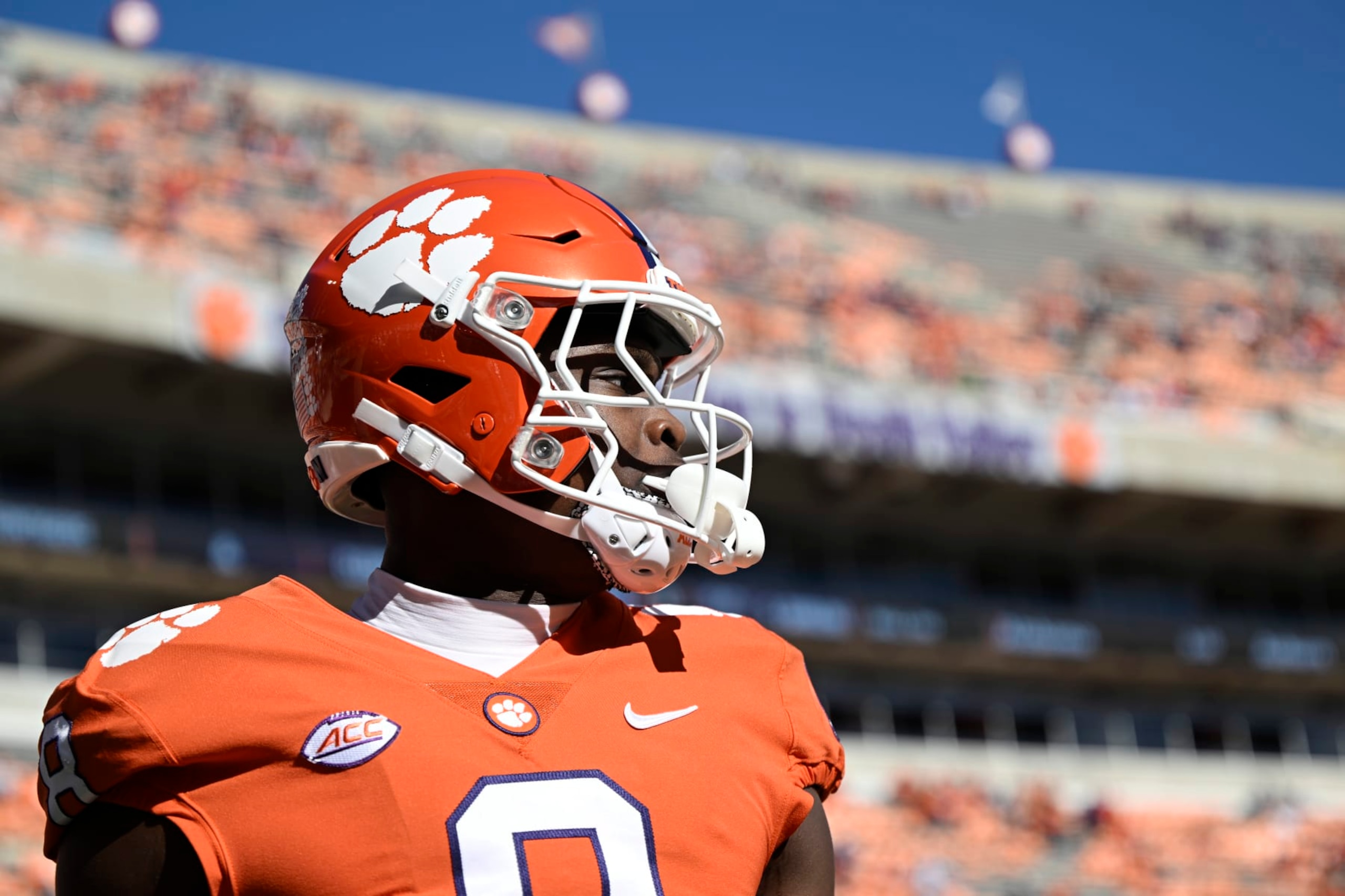 CLEMSON, SOUTH CAROLINA - NOVEMBER 26: Adam Randall #8 of the Clemson Tigers stands on the field during warm ups before their game against the South Carolina Gamecocks at Memorial Stadium on November 26, 2022 in Clemson, South Carolina. (Photo by Eakin Howard/Getty Images) CLEMSON, SOUTH CAROLINA - NOVEMBER 26: Adam Randall #8 of the Clemson Tigers stands on the field during warm ups before their game against the South Carolina Gamecocks at Memorial Stadium on November 26, 2022 in Clemson, South Carolina. (Photo by Eakin Howard/Getty Images)