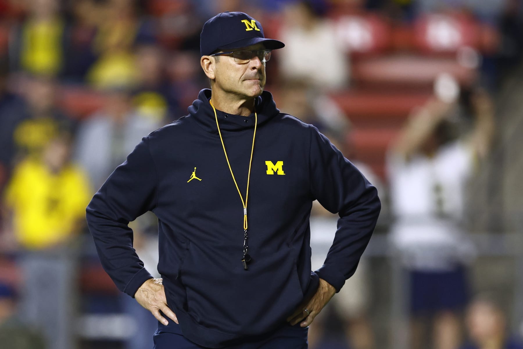 PISCATAWAY, NJ - NOVEMBER 05: Head coach Jim Harbaugh of the Michigan Wolverines before a game against the Rutgers Scarlet Knights at SHI Stadium on November 5, 2022 in Piscataway, New Jersey. (Photo by Rich Schultz/Getty Images)