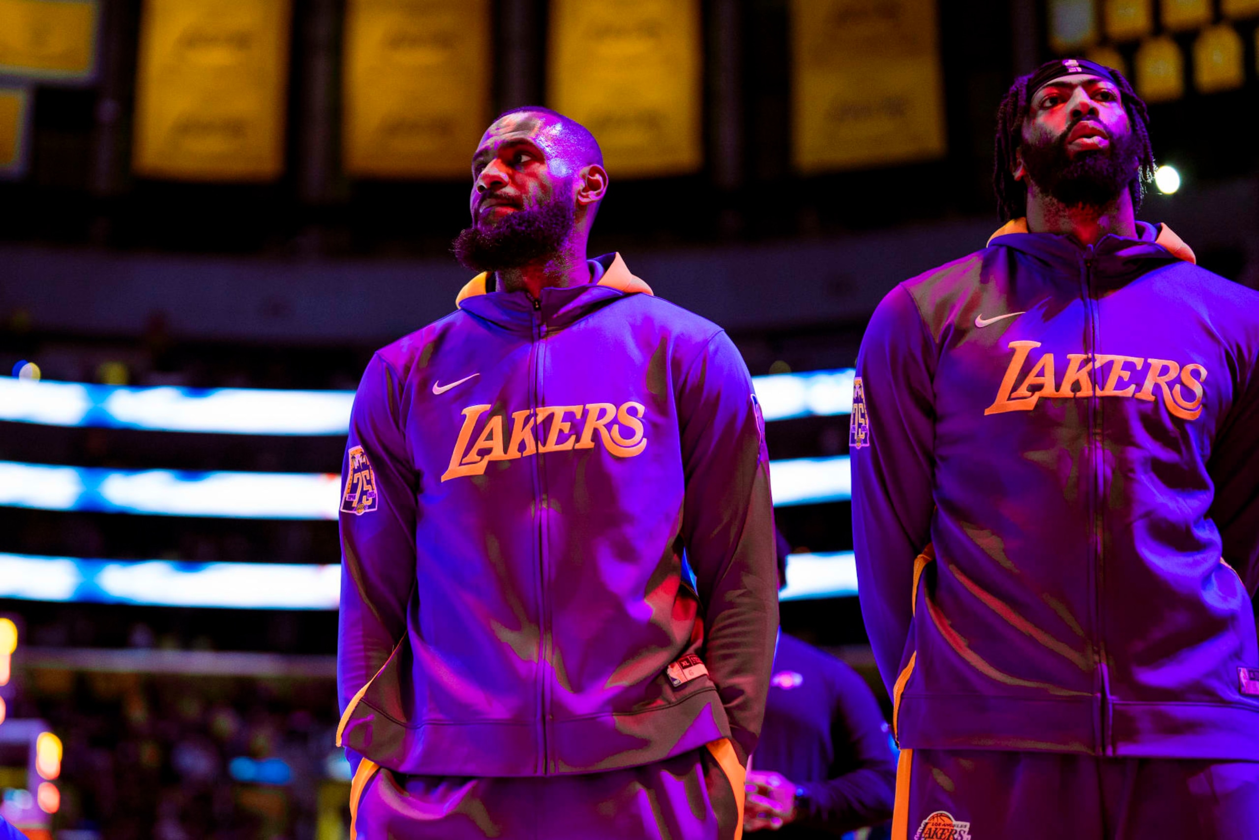 LOS ANGELES, CA - NOVEMBER 4: Anthony Davis #3 and LeBron James #6 of the Los Angeles Lakers stand for the National Anthem before the game against the Utah Jazz on November 4, 2022 at Crypto.Com Arena in Los Angeles, California. NOTE TO USER: User expressly acknowledges and agrees that, by downloading and/or using this Photograph, user is consenting to the terms and conditions of the Getty Images License Agreement. Mandatory Copyright Notice: Copyright 2022 NBAE (Photo by Tyler Ross/NBAE via Getty Images)