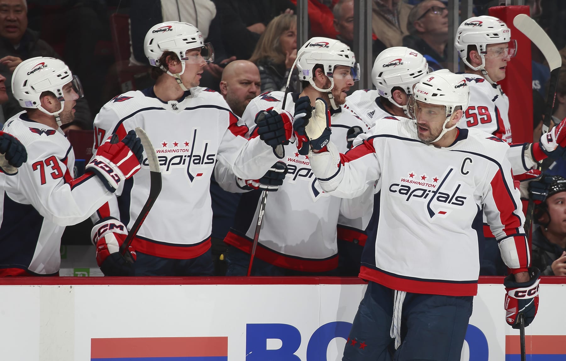 VANCOUVER, CANADA - NOVEMBER 29: Alex Ovechkin #8 of the Washington Capitals celebrates his goal with teammates during the first period of their NHL game against the Vancouver Canucks at Rogers Arena November 29, 2022 in Vancouver, British Columbia, Canada.  (Photo by Jeff Vinnick/NHLI via Getty Images)