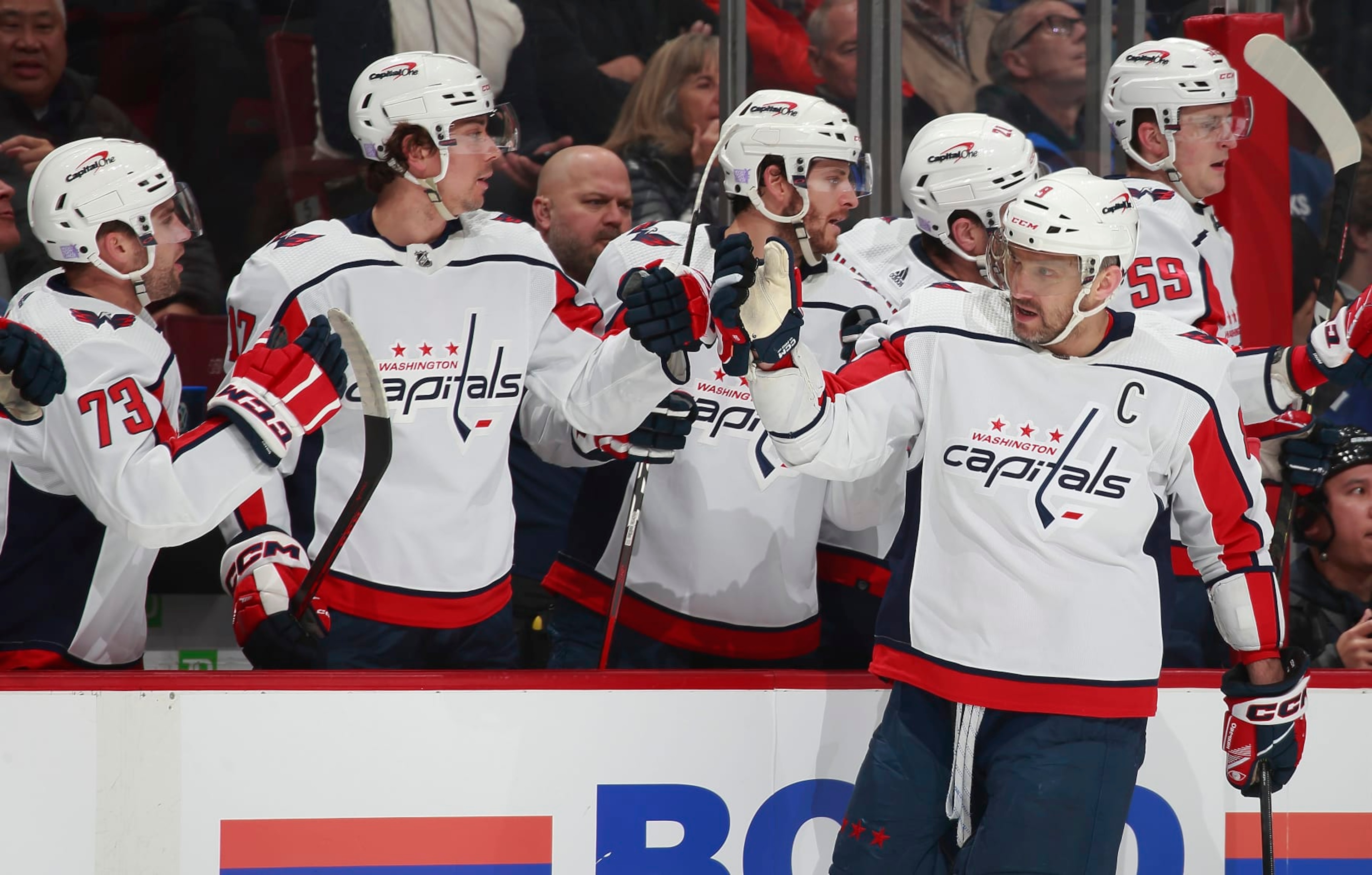 VANCOUVER, CANADA - NOVEMBER 29: Alex Ovechkin #8 of the Washington Capitals celebrates his goal with teammates during the first period of their NHL game against the Vancouver Canucks at Rogers Arena November 29, 2022 in Vancouver, British Columbia, Canada. (Photo by Jeff Vinnick/NHLI via Getty Images) VANCOUVER, CANADA - NOVEMBER 29: Alex Ovechkin #8 of the Washington Capitals celebrates his goal with teammates during the first period of their NHL game against the Vancouver Canucks at Rogers Arena November 29, 2022 in Vancouver, British Columbia, Canada. (Photo by Jeff Vinnick/NHLI via Getty Images)