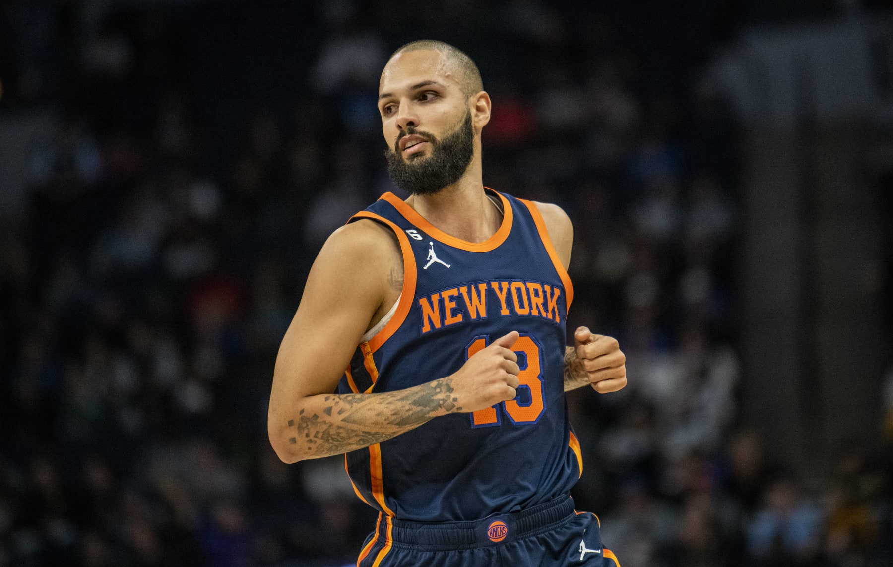 MINNEAPOLIS, MN - NOVEMBER 07: Evan Fournier #13 of the New York Knicks jogs up the court in the second quarter of the game against the Minnesota Timberwolves at Target Center on November 7, 2022 in Minneapolis, Minnesota. NOTE TO USER: User expressly acknowledges and agrees that, by downloading and or using this photograph, User is consenting to the terms and conditions of the Getty Images License Agreement. (Photo by Stephen Maturen/Getty Images)
