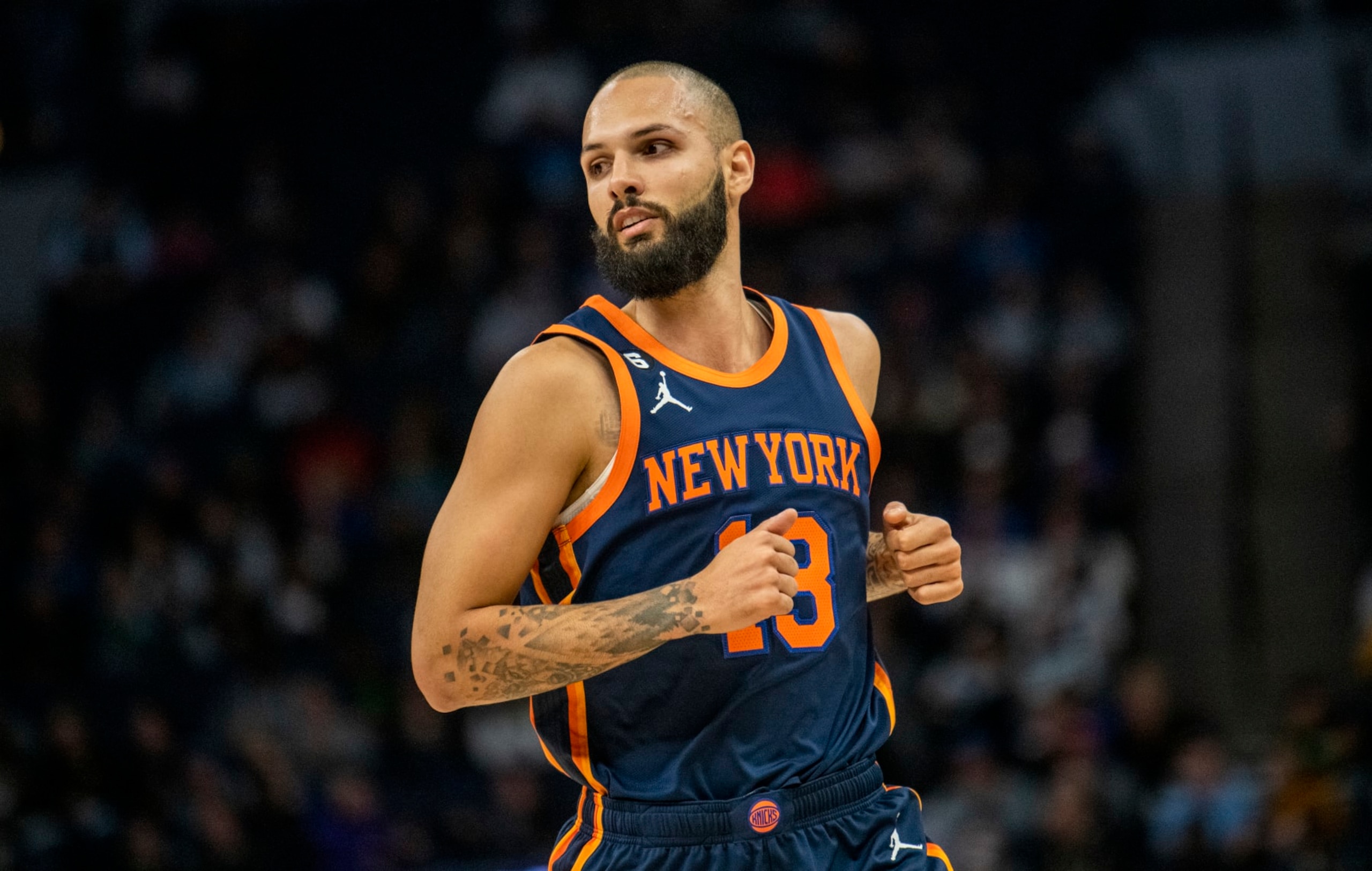 MINNEAPOLIS, MN - NOVEMBER 07: Evan Fournier #13 of the New York Knicks jogs up the court in the second quarter of the game against the Minnesota Timberwolves at Target Center on November 7, 2022 in Minneapolis, Minnesota. NOTE TO USER: User expressly acknowledges and agrees that, by downloading and or using this photograph, User is consenting to the terms and conditions of the Getty Images License Agreement. (Photo by Stephen Maturen/Getty Images)