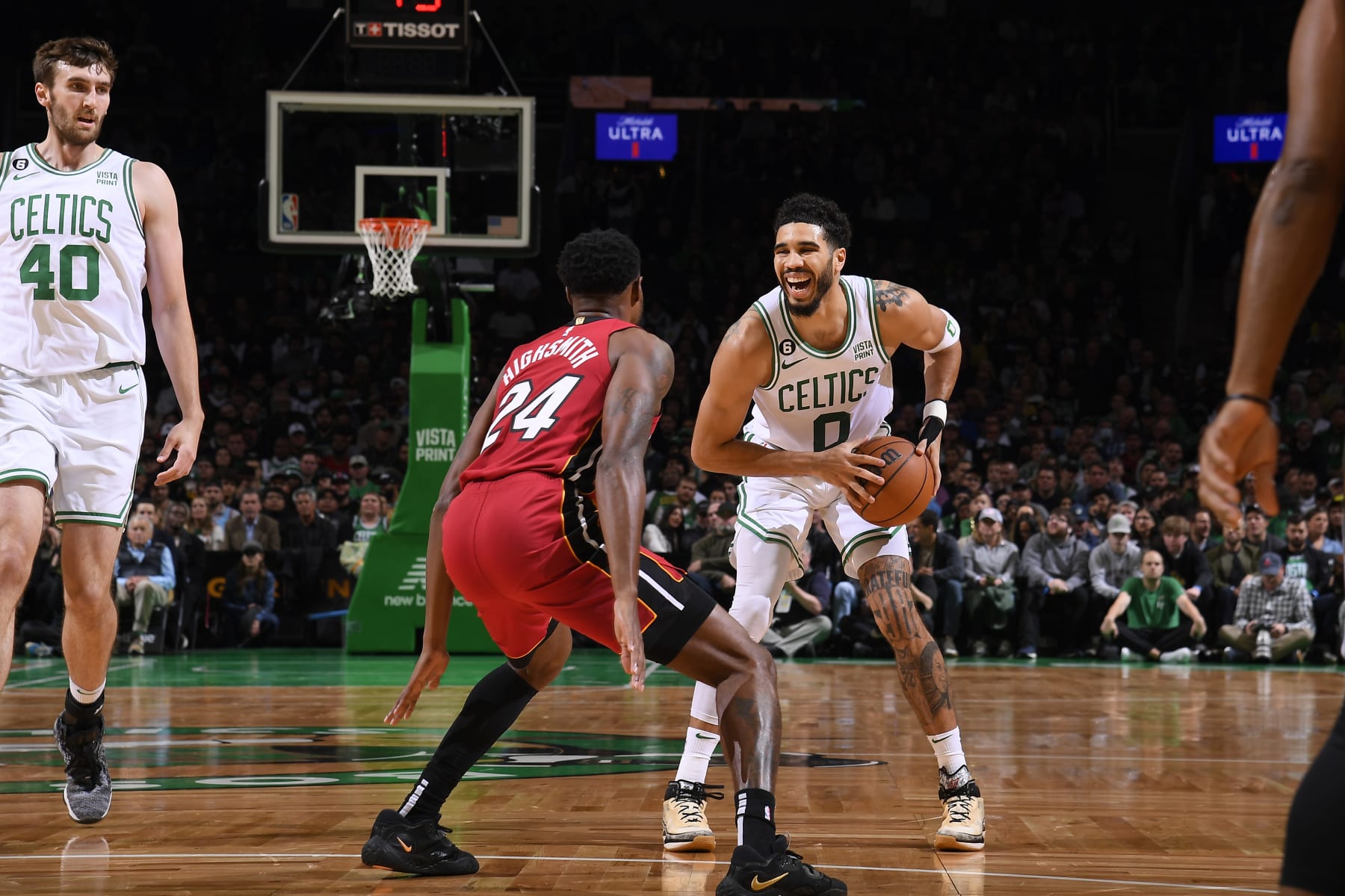 BOSTON, MA - NOVEMBER 30: Jayson Tatum #0 of the Boston Celtics handles the ball during the game against the Miami Heat on November 30, 2022 at the TD Garden in Boston, Massachusetts.  NOTE TO USER: User expressly acknowledges and agrees that, by downloading and or using this photograph, User is consenting to the terms and conditions of the Getty Images License Agreement. Mandatory Copyright Notice: Copyright 2022 NBAE  (Photo by Brian Babineau/NBAE via Getty Images)