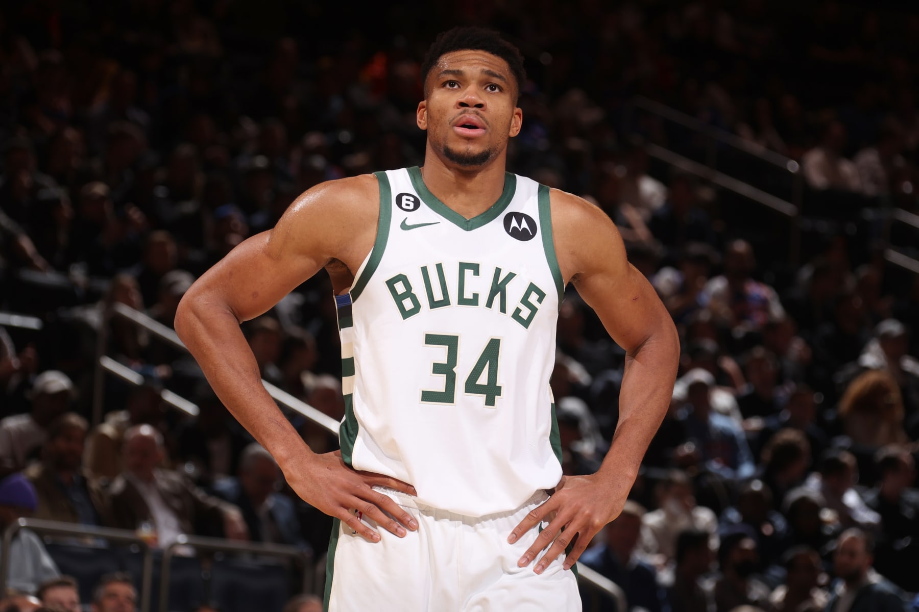 NEW YORK, NY - NOVEMBER 30: Giannis Antetokounmpo #34 of the Milwaukee Bucks looks on during the game against the New York Knicks on November 30, 2022 at Madison Square Garden in New York City, New York.  NOTE TO USER: User expressly acknowledges and agrees that, by downloading and or using this photograph, User is consenting to the terms and conditions of the Getty Images License Agreement. Mandatory Copyright Notice: Copyright 2022 NBAE  (Photo by Nathaniel S. Butler/NBAE via Getty Images)