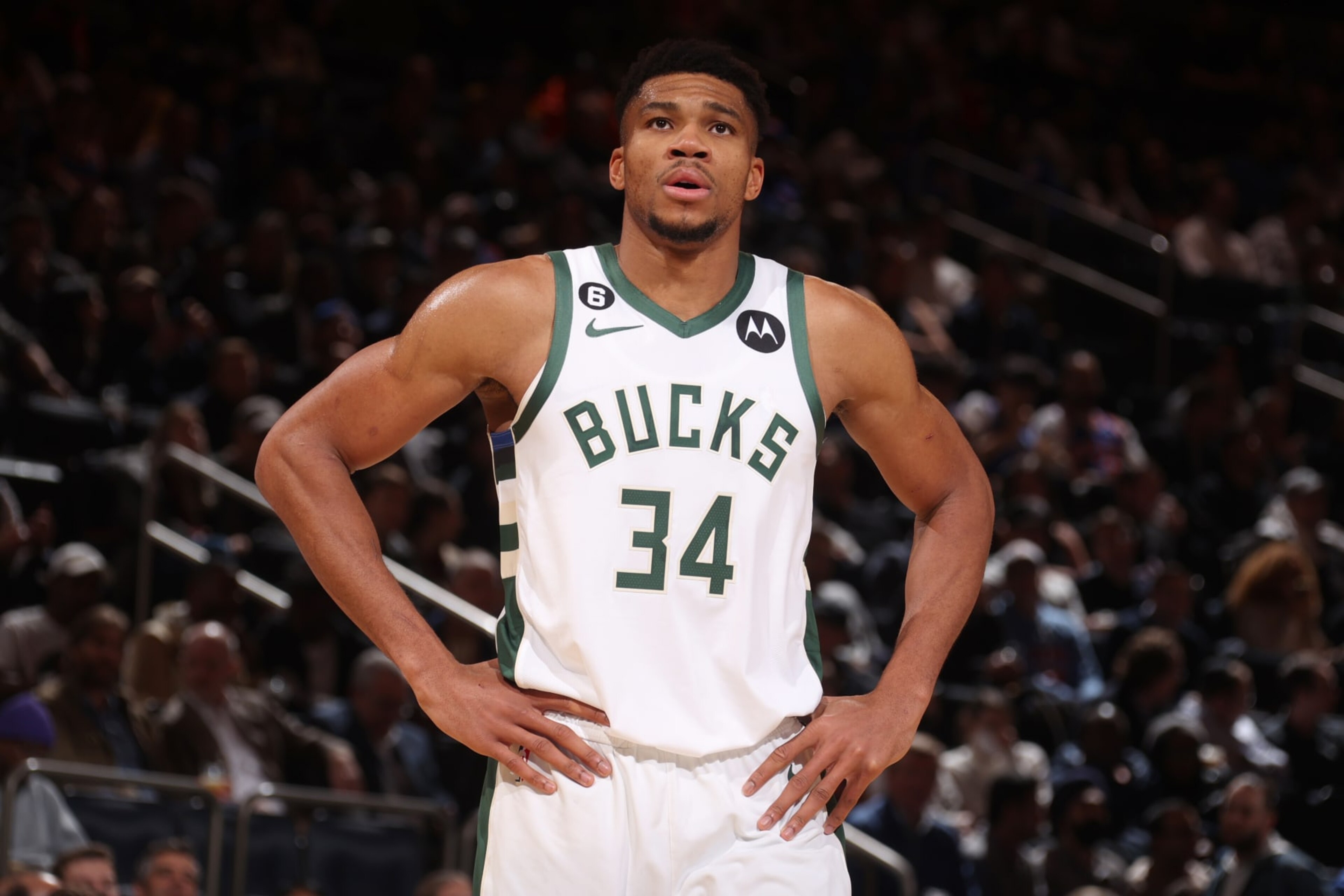 NEW YORK, NY - NOVEMBER 30: Giannis Antetokounmpo #34 of the Milwaukee Bucks looks on during the game against the New York Knicks on November 30, 2022 at Madison Square Garden in New York City, New York.  NOTE TO USER: User expressly acknowledges and agrees that, by downloading and or using this photograph, User is consenting to the terms and conditions of the Getty Images License Agreement. Mandatory Copyright Notice: Copyright 2022 NBAE  (Photo by Nathaniel S. Butler/NBAE via Getty Images)