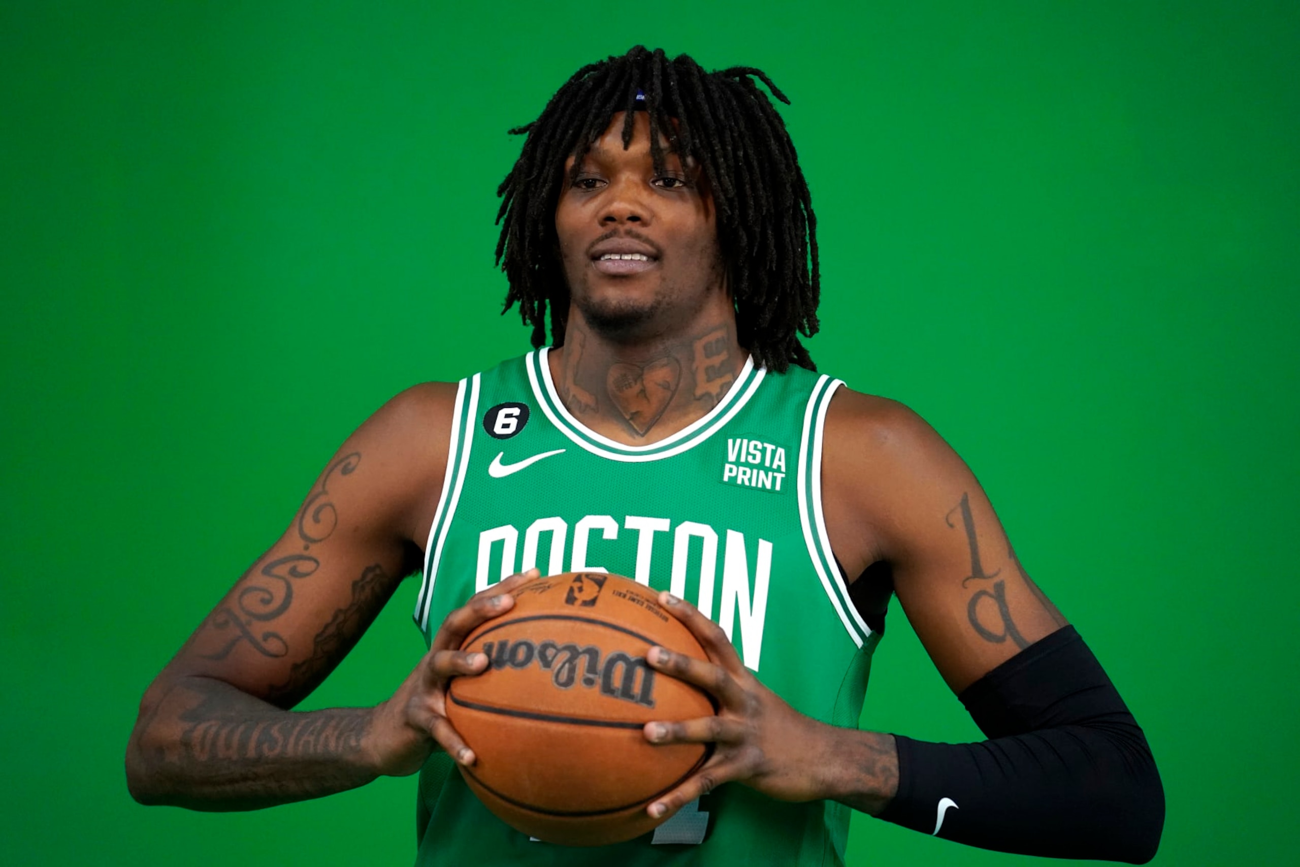 Boston Celtics center Robert Williams III poses for a photo during Boston Celtics Media Day, Monday, Sept. 26, 2022, in Canton, Mass. (AP Photo/Steven Senne)