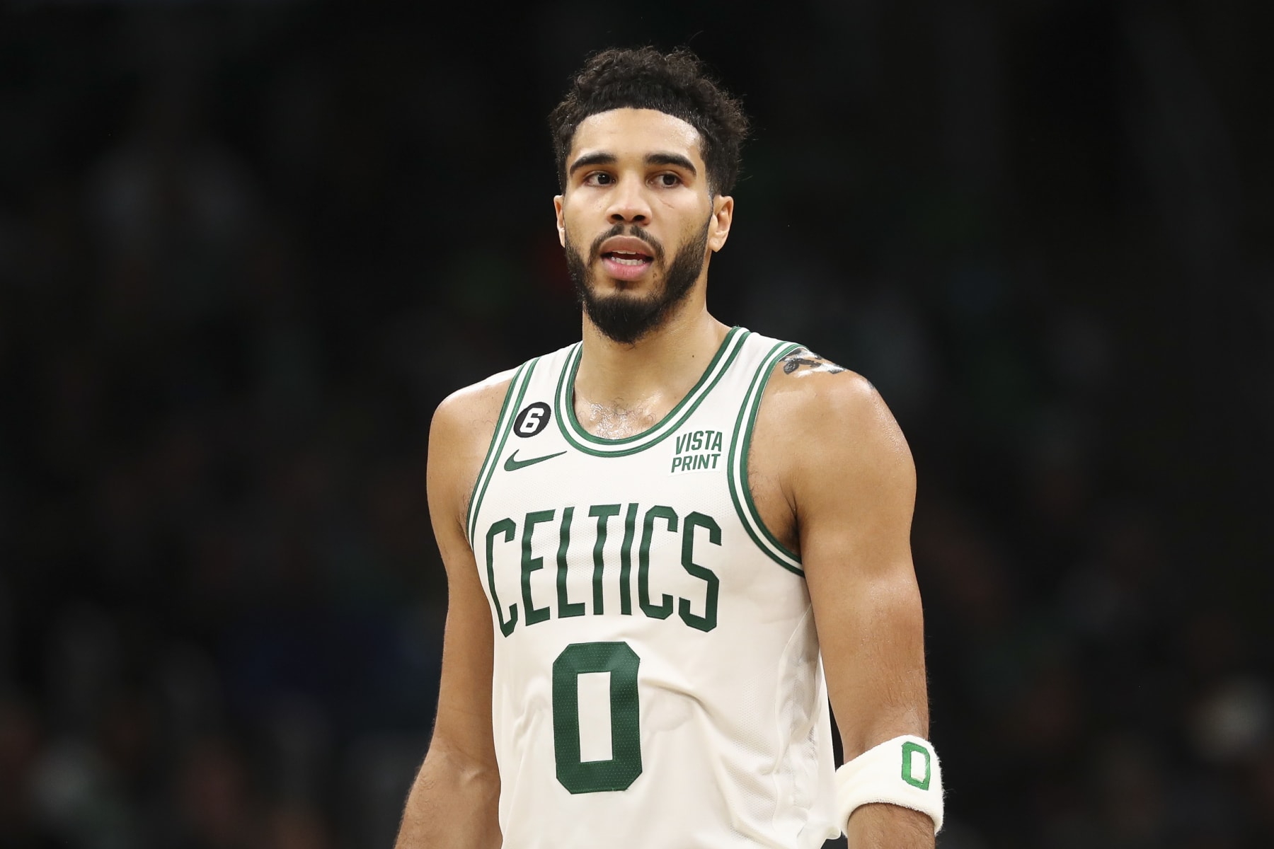 BOSTON, MA - NOVEMBER 28  Jayson Tatum #0 of the Boston Celtics looks on during a game against the Charlotte Hornets at TD Garden on November 28, 2022 in Boston, Massachusetts. NOTE TO USER: User expressly acknowledges and agrees that, by downloading and or using this photograph, User is consenting to the terms and conditions of the Getty Images License Agreement. (Photo by Adam Glanzman/Getty Images)