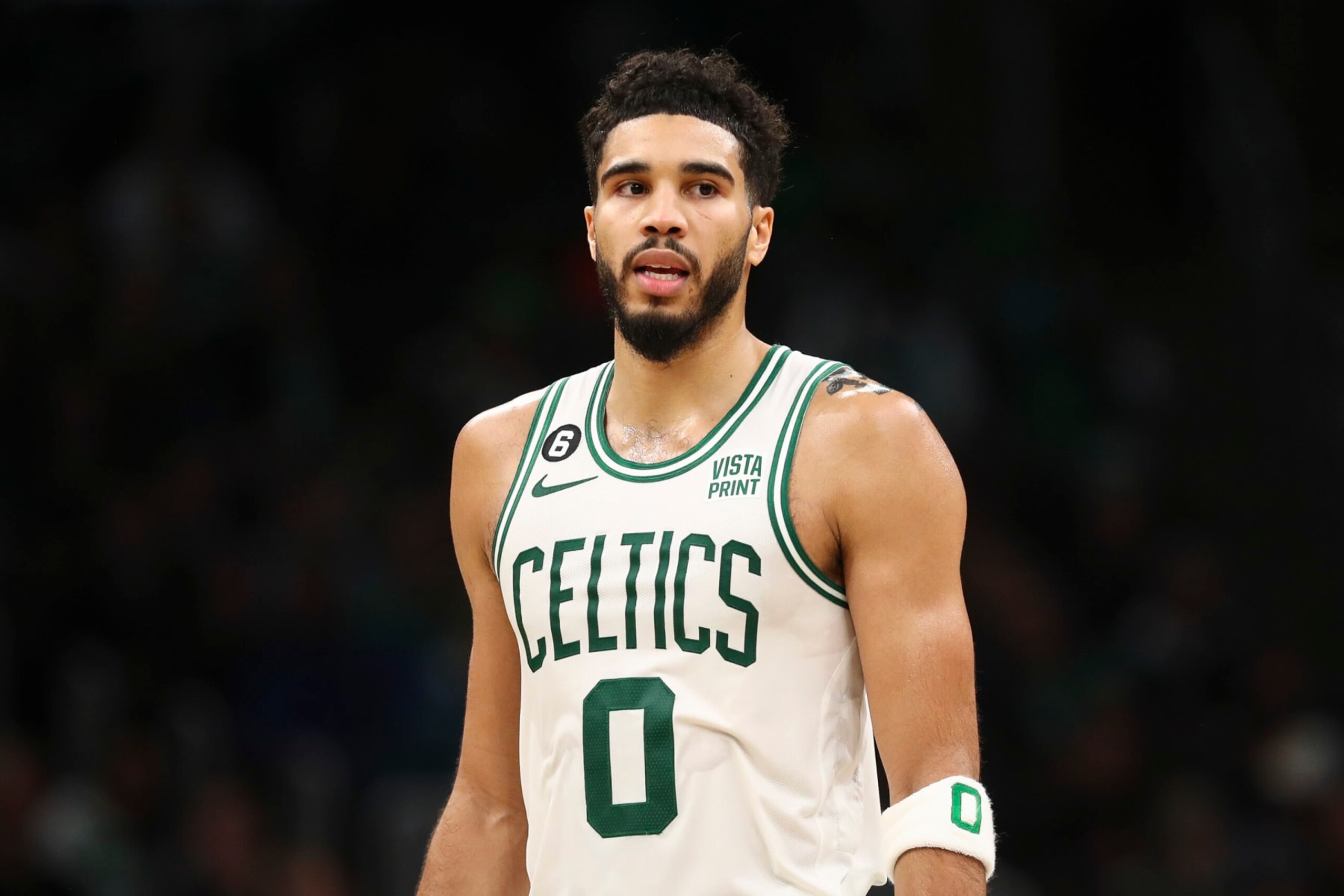 BOSTON, MA - NOVEMBER 28  Jayson Tatum #0 of the Boston Celtics looks on during a game against the Charlotte Hornets at TD Garden on November 28, 2022 in Boston, Massachusetts. NOTE TO USER: User expressly acknowledges and agrees that, by downloading and or using this photograph, User is consenting to the terms and conditions of the Getty Images License Agreement. (Photo by Adam Glanzman/Getty Images)
