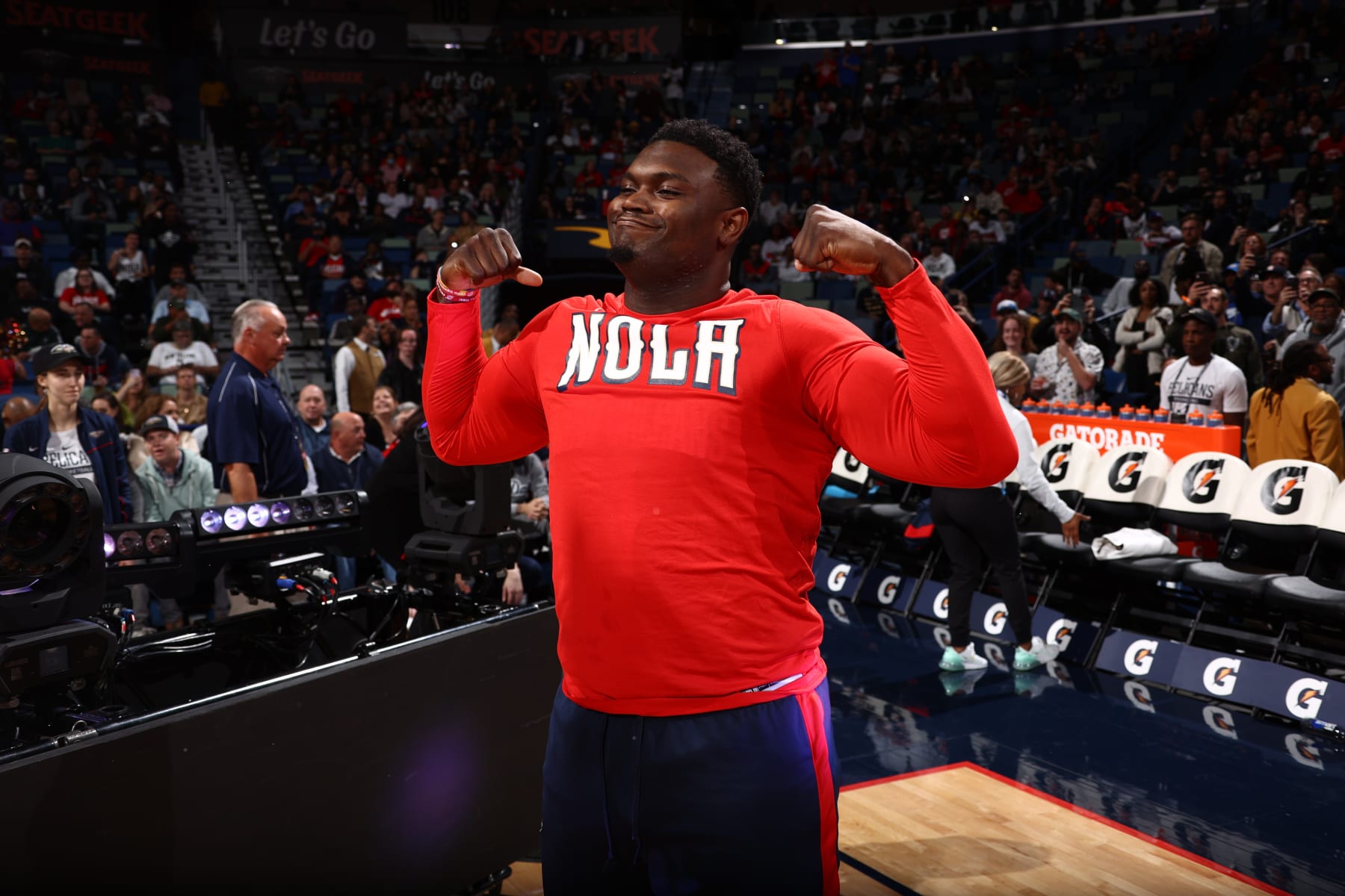 NEW ORLEANS, LA - NOVEMBER 30: Zion Williamson #1 of the New Orleans Pelicans is introduced before the game against the Toronto Raptors on November 30, 2022 at the Smoothie King Center in New Orleans, Louisiana. NOTE TO USER: User expressly acknowledges and agrees that, by downloading and or using this Photograph, user is consenting to the terms and conditions of the Getty Images License Agreement. Mandatory Copyright Notice: Copyright 2022 NBAE (Photo by Ned Dishman/NBAE via Getty Images)