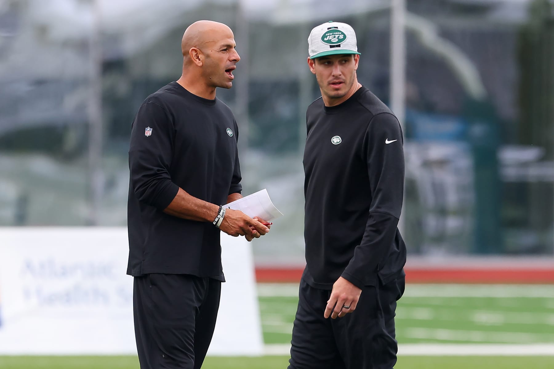 FLORHAM PARK, NJ - JULY 29: Head coach Robert Saleh, left, of the New York Jets stands next to offensive coordinator Mike LaFleur during a morning practice at Atlantic Health Jets Training Center on July 29, 2021 in Florham Park, New Jersey. (Photo by Rich Schultz/Getty Images)