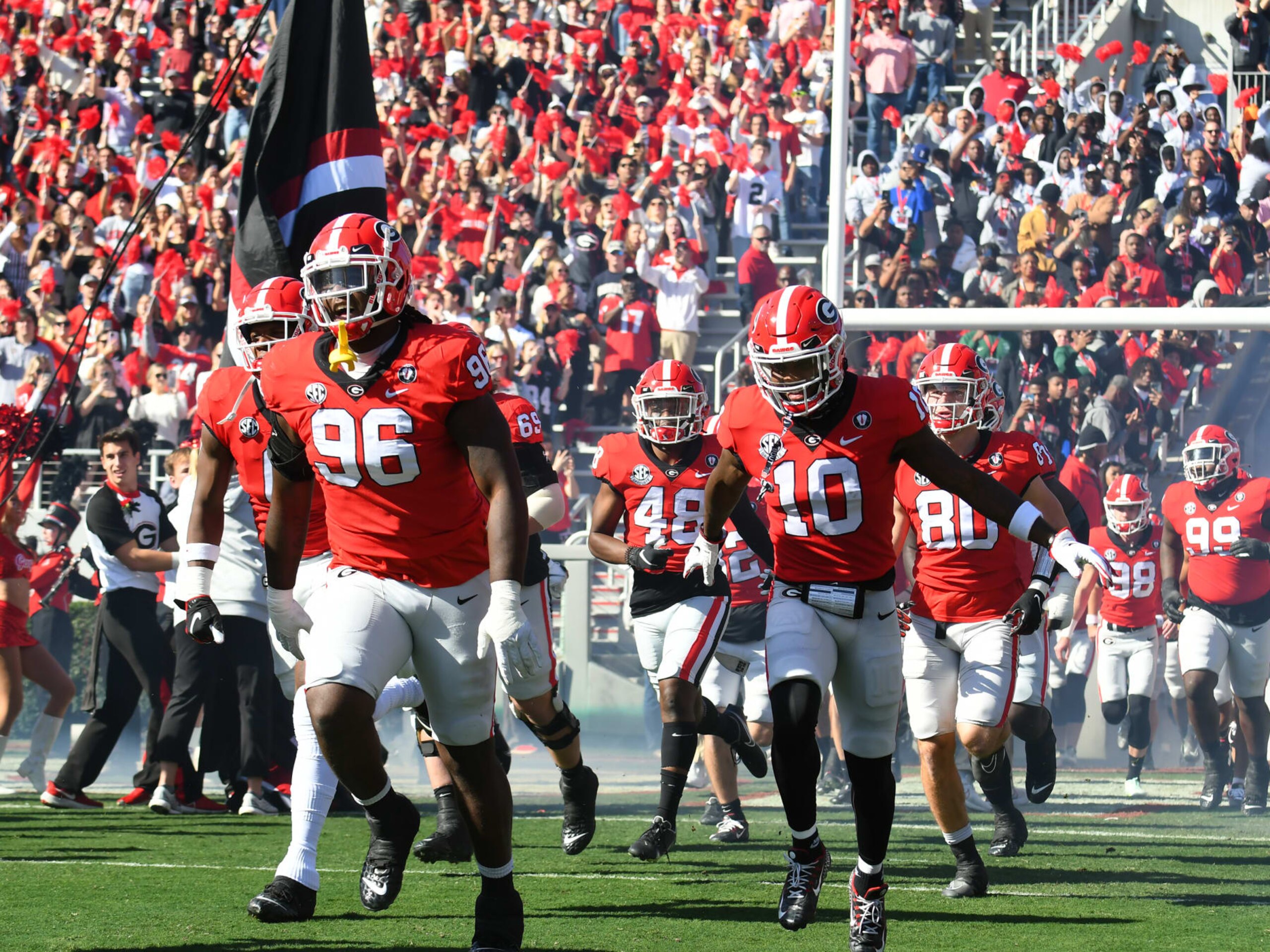 ATHENS, GA - NOVEMBER 26: Georgia Bulldogs Defensive Linemen Zion Logue (96) and Georgia Bulldogs Wide Receiver Kearis Jackson (10) spent on the field before the college football game between the Georgia Tech Yellow Jackets and the Georgia Bulldogs on November 26, 2022, at Sanford Stadium in Athens, GA. (Photo by Jeffrey Vest/Icon Sportswire via Getty Images)