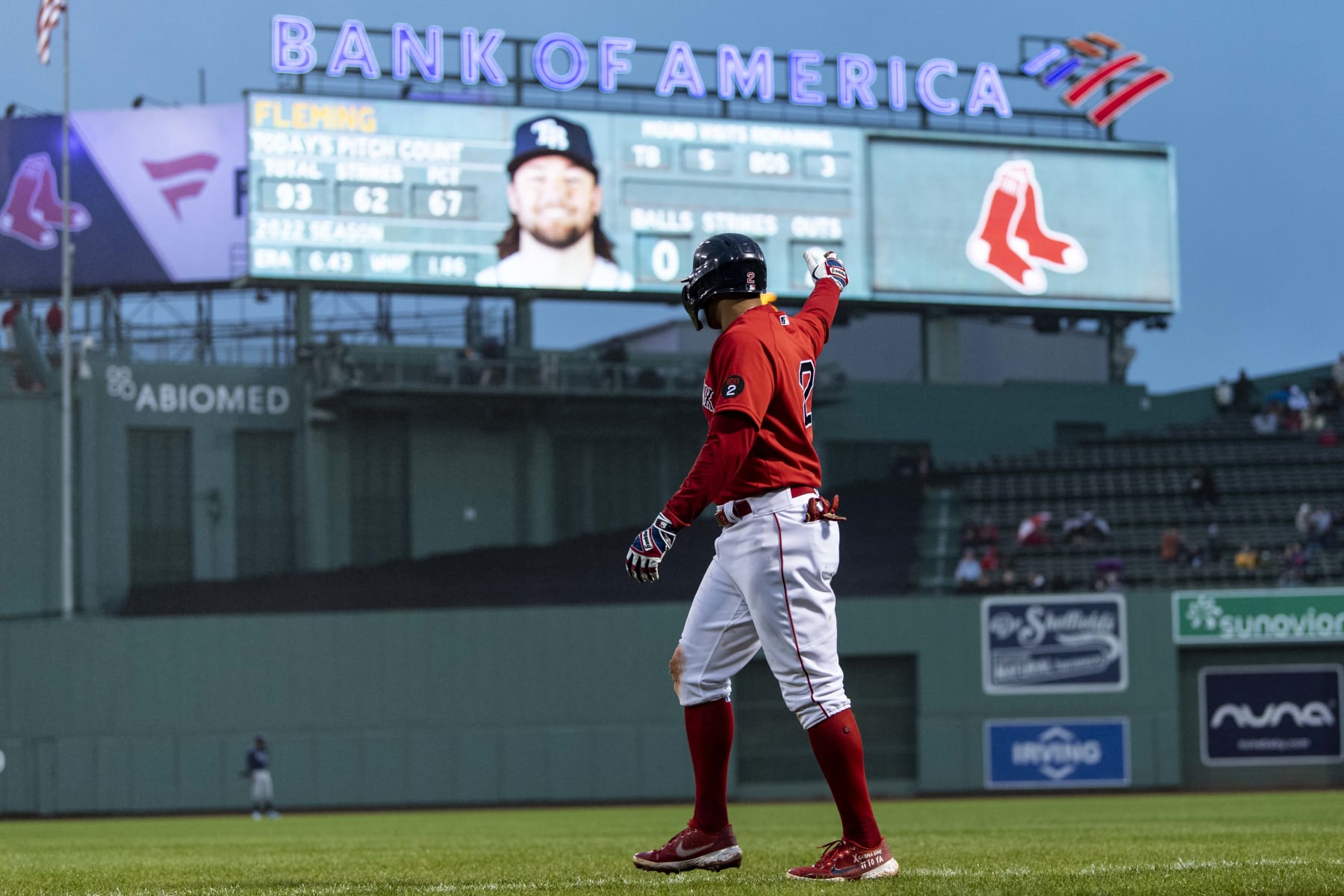 BOSTON, MA - OCTOBER 5: Xander Bogaerts #2 of the Boston Red Sox reacts after hitting a single during the sixth inning of a game against the Tampa Bay Rays on October 5, 2022 at Fenway Park in Boston, Massachusetts. (Photo by Billie Weiss/Boston Red Sox/Getty Images)