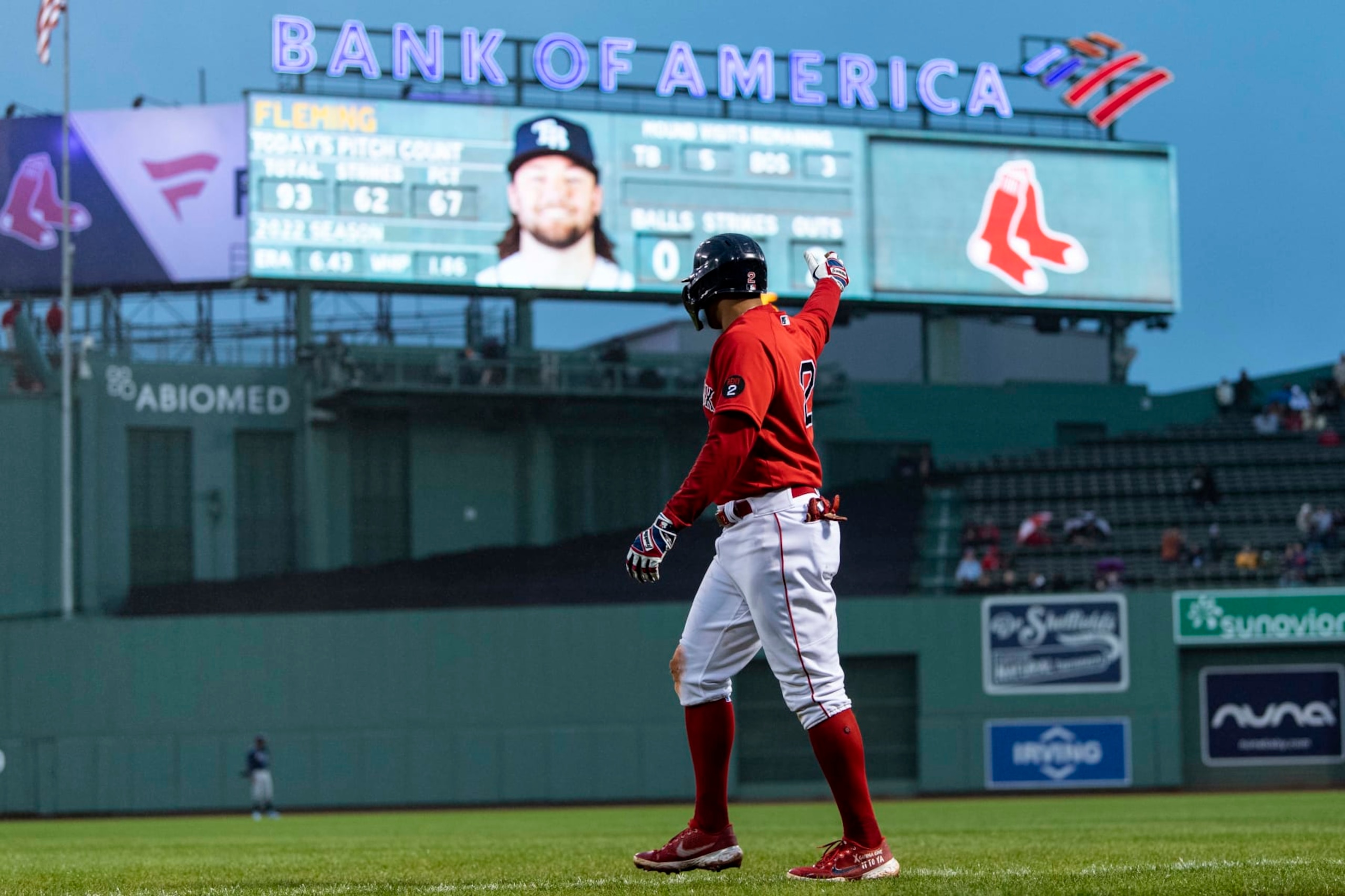 BOSTON, MA - OCTOBER 5: Xander Bogaerts #2 of the Boston Red Sox reacts after hitting a single during the sixth inning of a game against the Tampa Bay Rays on October 5, 2022 at Fenway Park in Boston, Massachusetts. (Photo by Billie Weiss/Boston Red Sox/Getty Images)