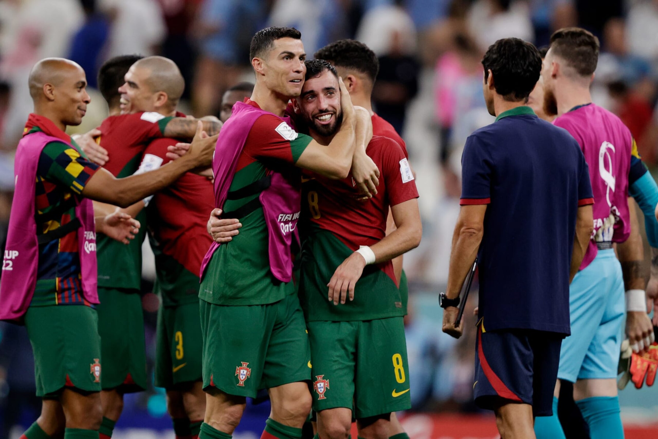 LUSAIL, QATAR - NOVEMBER 28: (L-R) Cristiano Ronaldo of Portugal, Bruno Fernandes of Portugal celebrate the victory during the  World Cup match between Portugal  v Uruguay at the Lusail Stadium on November 28, 2022 in Lusail Qatar (Photo by David S. Bustamante/Soccrates/Getty Images)