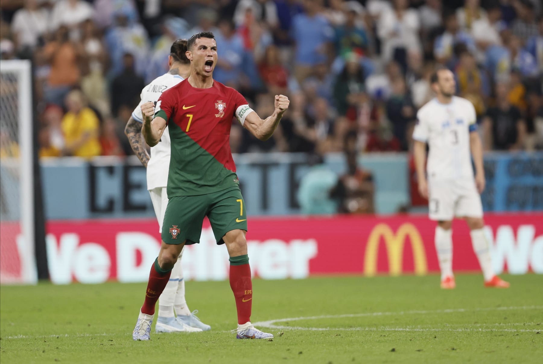 LUSAIL CITY, QATAR - NOVEMBER 28: Cristiano Ronaldo of Portugal celebrates 1st goal during the FIFA World Cup Qatar 2022 Group H match between Portugal v Uruguay at Al Janoub Stadium on November 28, 2022 in Lusail City, Qatar. (Photo by Richard Sellers/Getty Images)