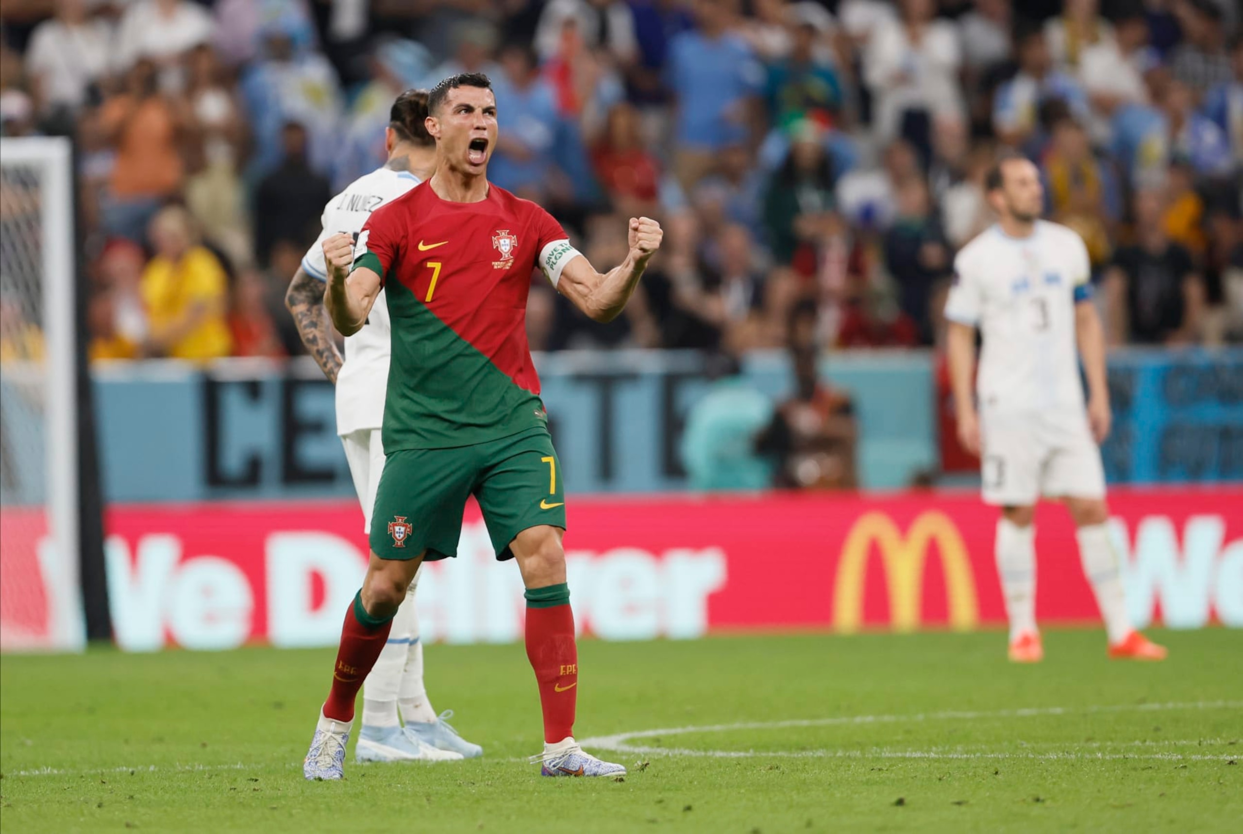 LUSAIL CITY, QATAR - NOVEMBER 28: Cristiano Ronaldo of Portugal celebrates 1st goal during the FIFA World Cup Qatar 2022 Group H match between Portugal v Uruguay at Al Janoub Stadium on November 28, 2022 in Lusail City, Qatar. (Photo by Richard Sellers/Getty Images)
