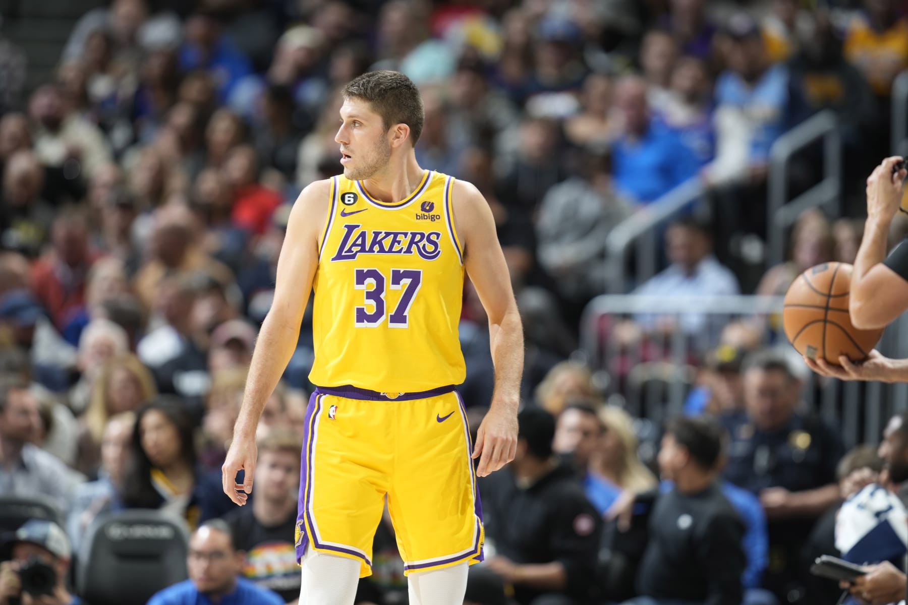 Los Angeles Lakers forward Matt Ryan (37) in the second half of an NBA basketball game Wednesday, Oct. 26, 2022, in Denver. (AP Photo/David Zalubowski)