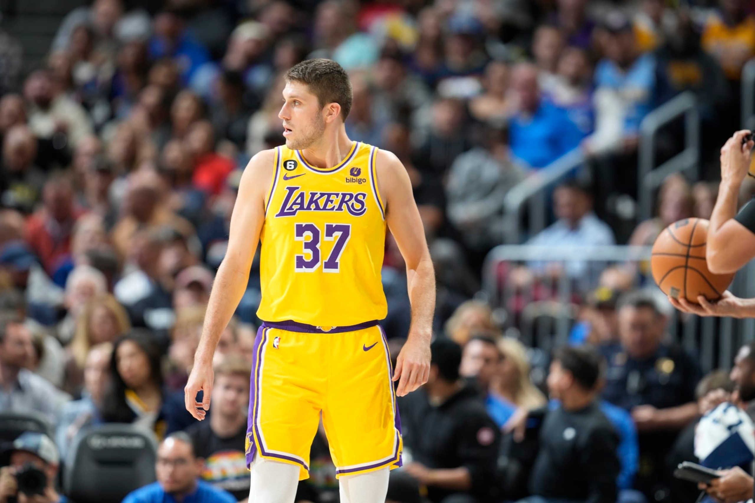 Los Angeles Lakers forward Matt Ryan (37) in the second half of an NBA basketball game Wednesday, Oct. 26, 2022, in Denver. (AP Photo/David Zalubowski)