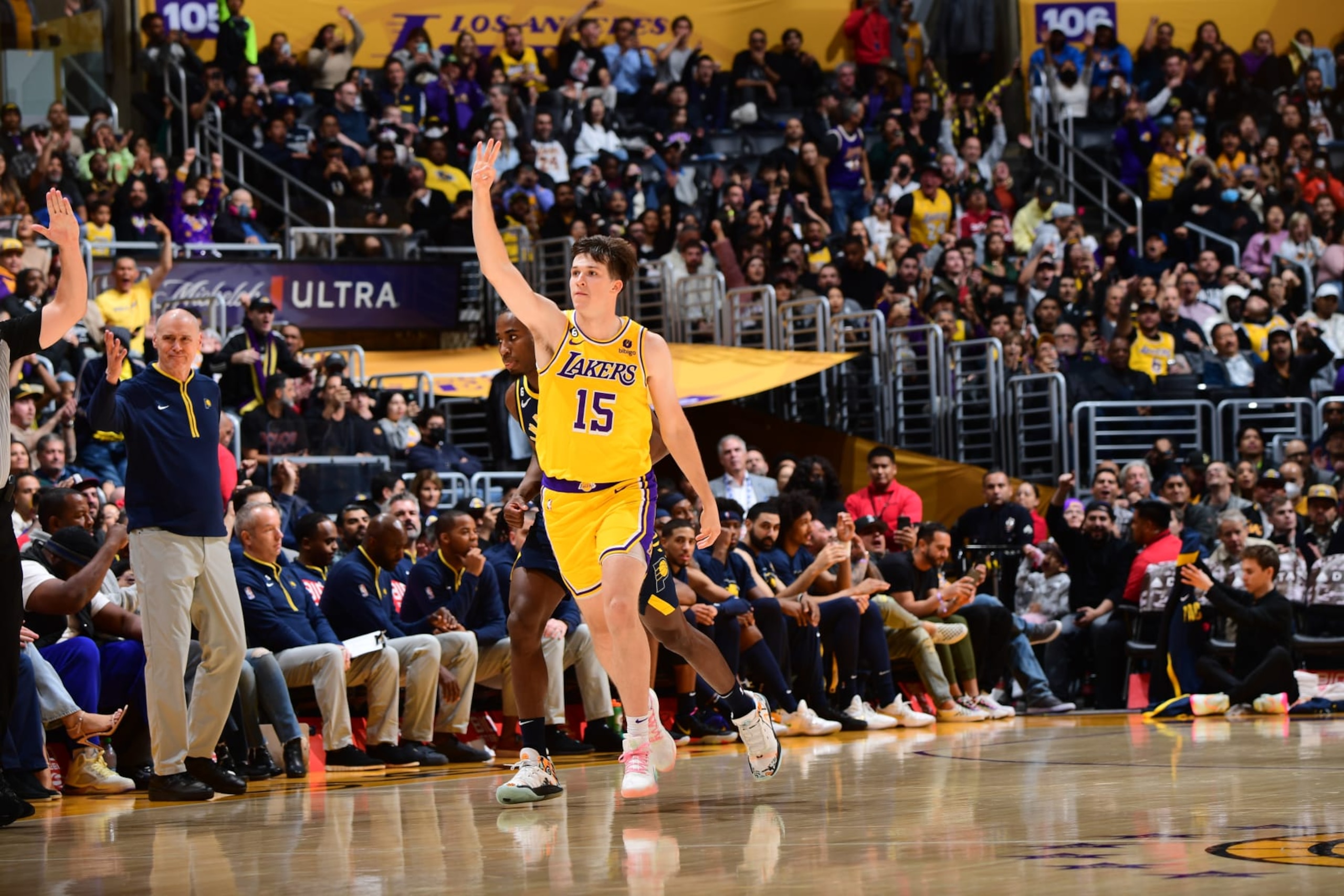LOS ANGELES, CA - NOVEMBER 28: Austin Reaves celebrates a three point basket during the game against the Indiana Pacers on November 28, 2022 at Crypto.Com Arena in Los Angeles, California. NOTE TO USER: User expressly acknowledges and agrees that, by downloading and/or using this Photograph, user is consenting to the terms and conditions of the Getty Images License Agreement. Mandatory Copyright Notice: Copyright 2022 NBAE (Photo by Adam Pantozzi/NBAE via Getty Images)