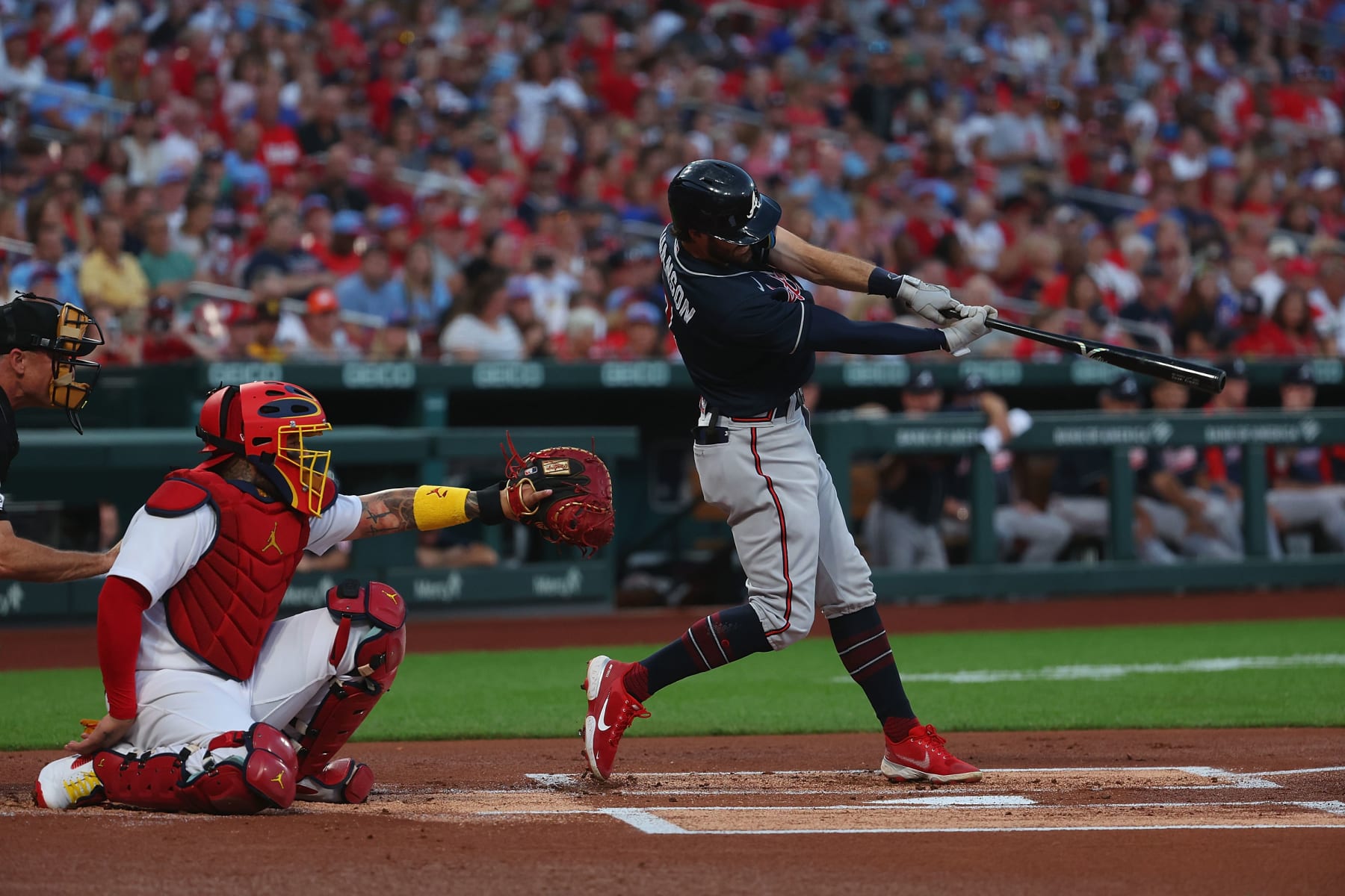 ST LOUIS, MO - AUGUST 26: Dansby Swanson #7 of the Atlanta Braves bats against the St. Louis Cardinals at Busch Stadium on August 26, 2022 in St Louis, Missouri. (Photo by Dilip Vishwanat/Getty Images)