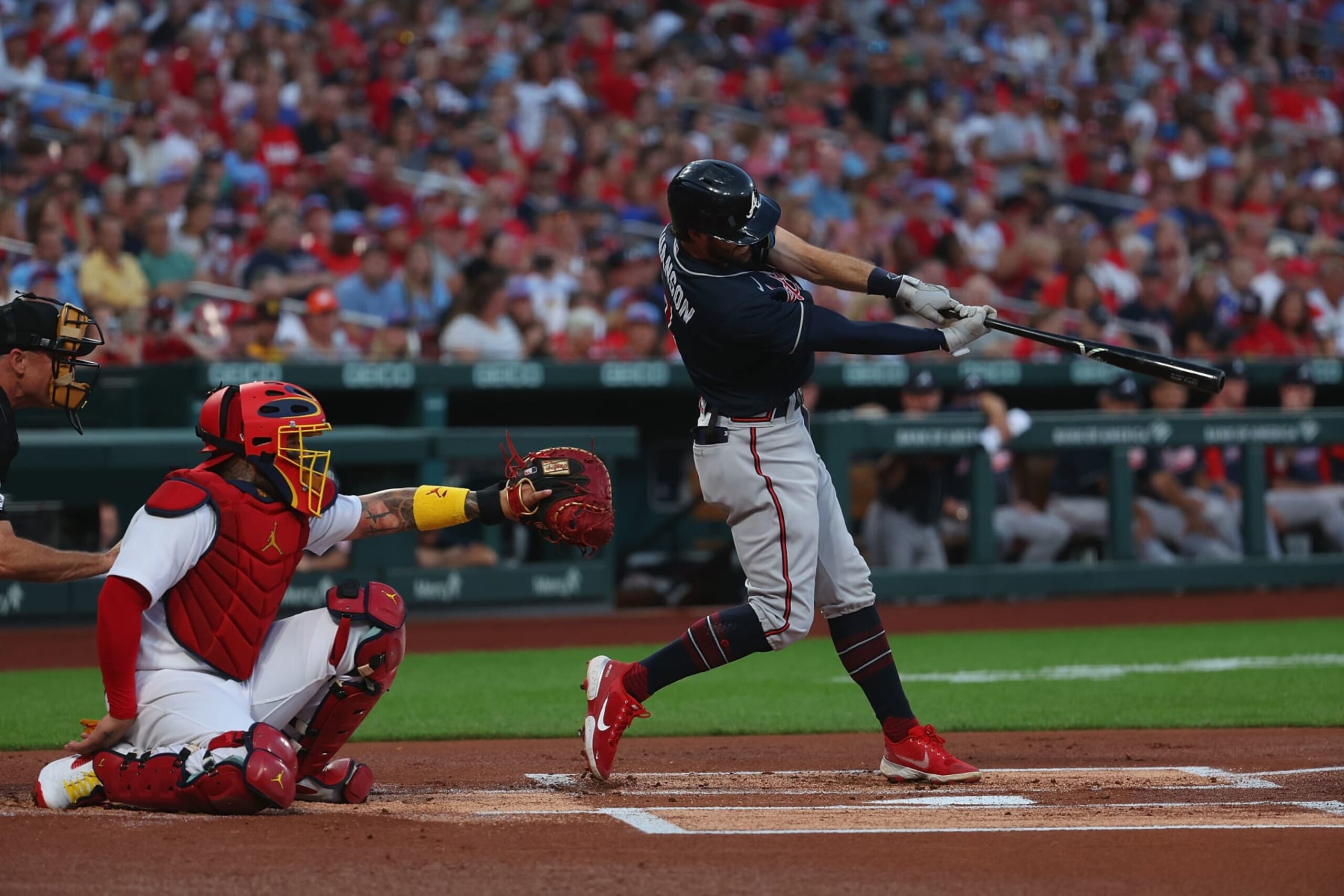 ST LOUIS, MO - AUGUST 26: Dansby Swanson #7 of the Atlanta Braves bats against the St. Louis Cardinals at Busch Stadium on August 26, 2022 in St Louis, Missouri. (Photo by Dilip Vishwanat/Getty Images)