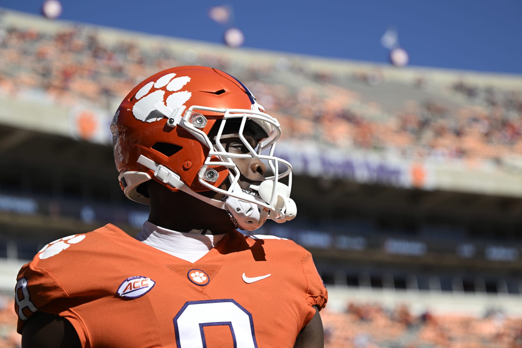 CLEMSON, SOUTH CAROLINA - NOVEMBER 26: Adam Randall #8 of the Clemson Tigers stands on the field during warm ups before their game against the South Carolina Gamecocks at Memorial Stadium on November 26, 2022 in Clemson, South Carolina. (Photo by Eakin Howard/Getty Images)