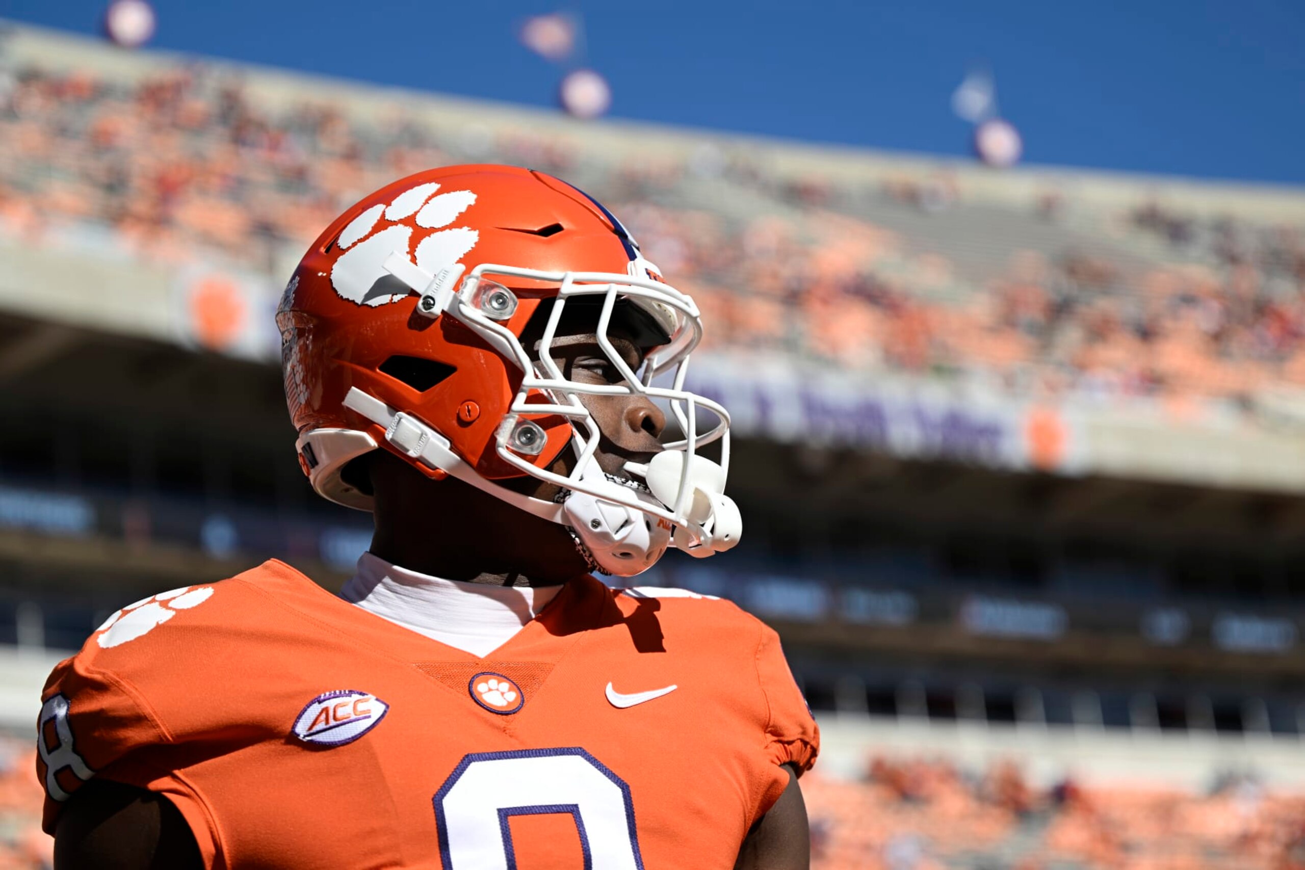 CLEMSON, SOUTH CAROLINA - NOVEMBER 26: Adam Randall #8 of the Clemson Tigers stands on the field during warm ups before their game against the South Carolina Gamecocks at Memorial Stadium on November 26, 2022 in Clemson, South Carolina. (Photo by Eakin Howard/Getty Images)