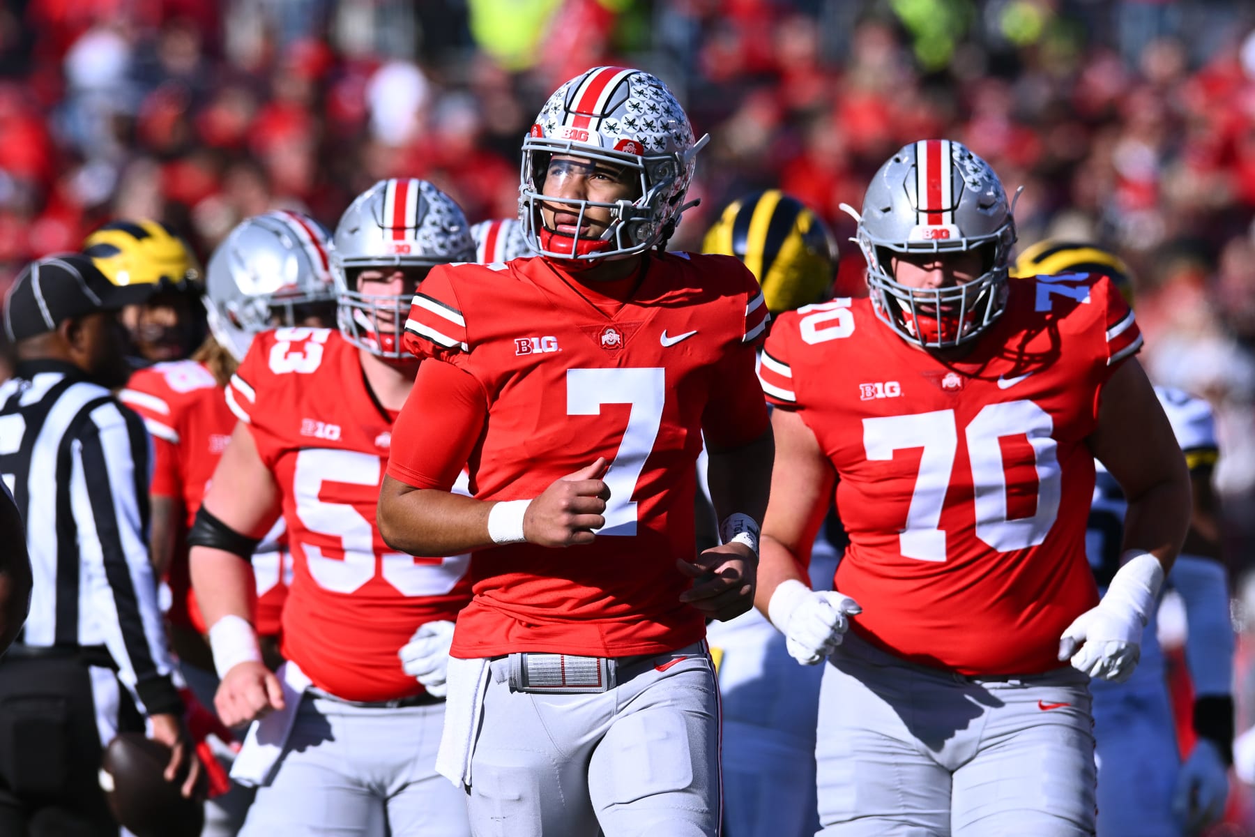 COLUMBUS, OHIO - NOVEMBER 26: C.J. Stroud #7 of the Ohio State Buckeyes runs off the field at the end the second quarter of a game against the Michigan Wolverines at Ohio Stadium on November 26, 2022 in Columbus, Ohio. (Photo by Ben Jackson/Getty Images) COLUMBUS, OHIO - NOVEMBER 26: C.J. Stroud #7 of the Ohio State Buckeyes runs off the field at the end the second quarter of a game against the Michigan Wolverines at Ohio Stadium on November 26, 2022 in Columbus, Ohio. (Photo by Ben Jackson/Getty Images)