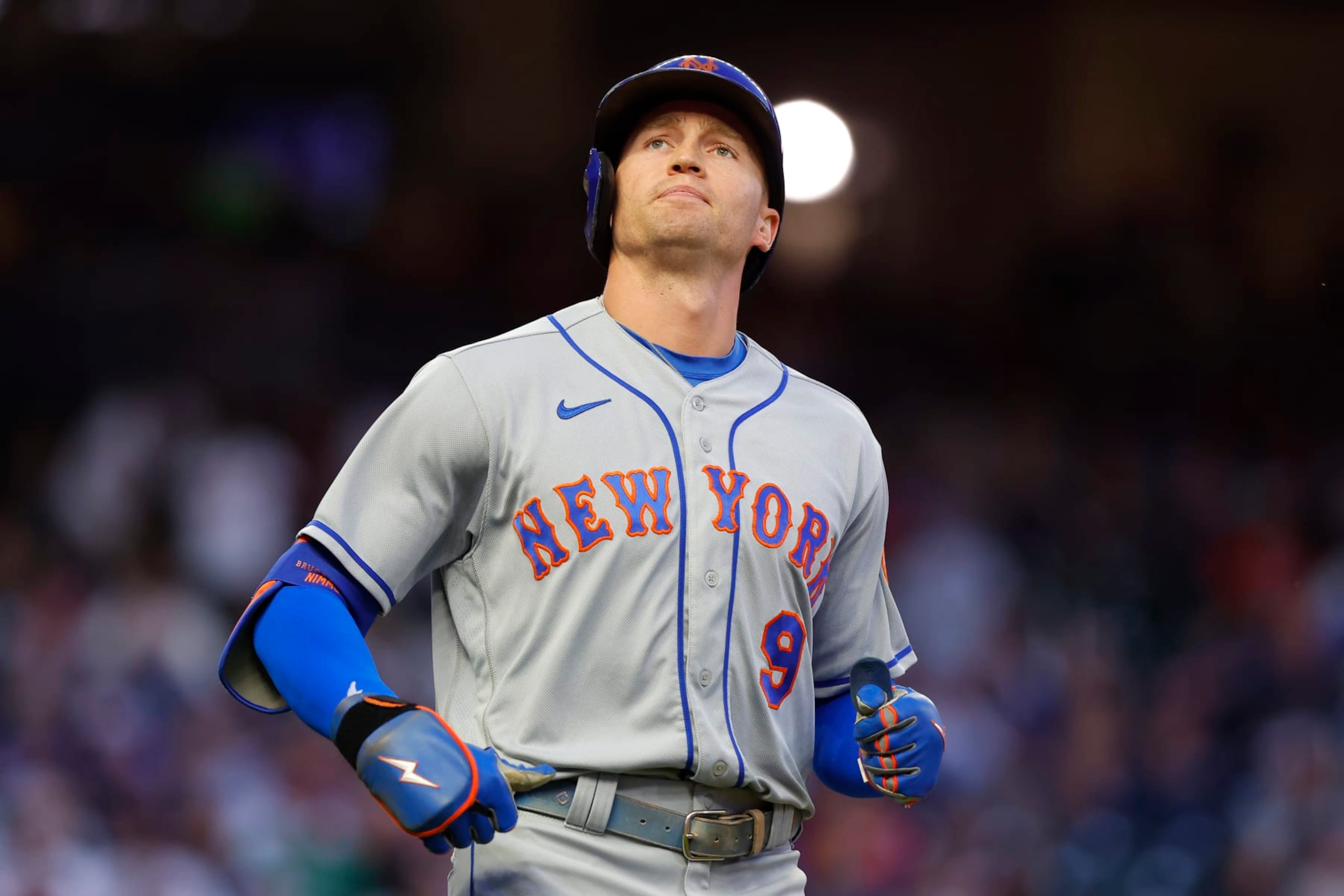 ATLANTA, GA - SEPTEMBER 30: Brandon Nimmo #9 of the New York Mets reacts as a ball goes foul during the first inning against the Atlanta Braves at Truist Park on September 30, 2022 in Atlanta, Georgia. (Photo by Todd Kirkland/Getty Images)