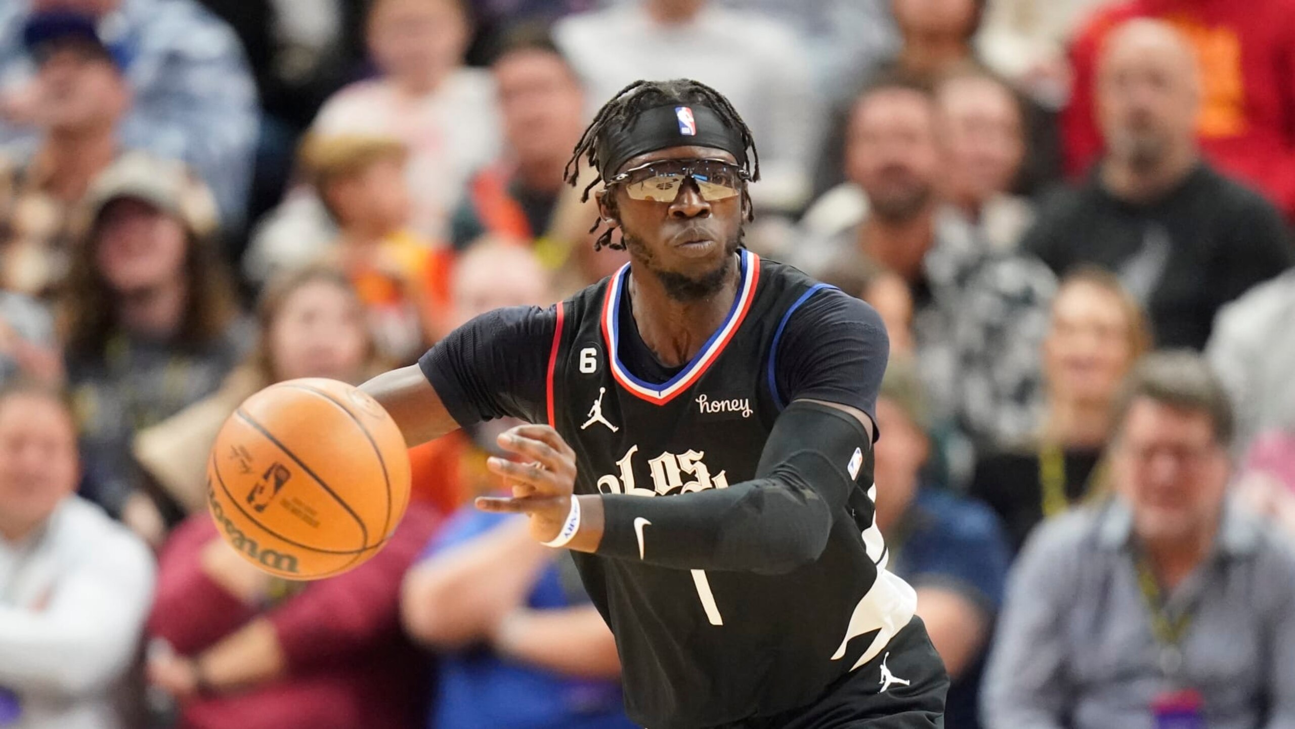 Los Angeles Clippers guard Reggie Jackson (1) brings the ball up court during the second half of an NBA basketball game against the Utah Jazz Wednesday, Nov. 30, 2022, in Salt Lake City. (AP Photo/Rick Bowmer) Los Angeles Clippers guard Reggie Jackson (1) brings the ball up court during the second half of an NBA basketball game against the Utah Jazz Wednesday, Nov. 30, 2022, in Salt Lake City. (AP Photo/Rick Bowmer)