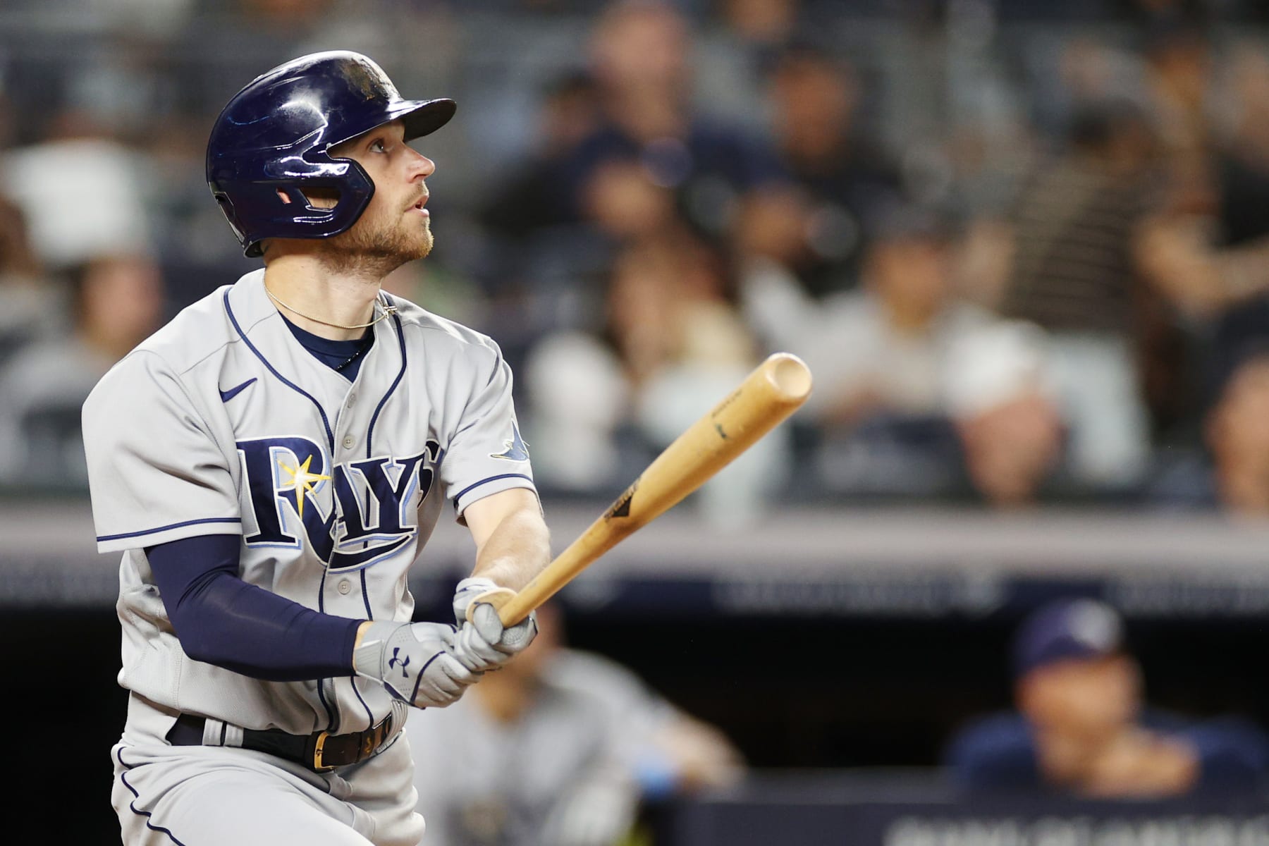 NEW YORK, NEW YORK - AUGUST 15: Brandon Lowe #8 of the Tampa Bay Rays at bat during the fifth inning against the New York Yankees at Yankee Stadium on August 15, 2022 in the Bronx borough of New York City. (Photo by Sarah Stier/Getty Images)