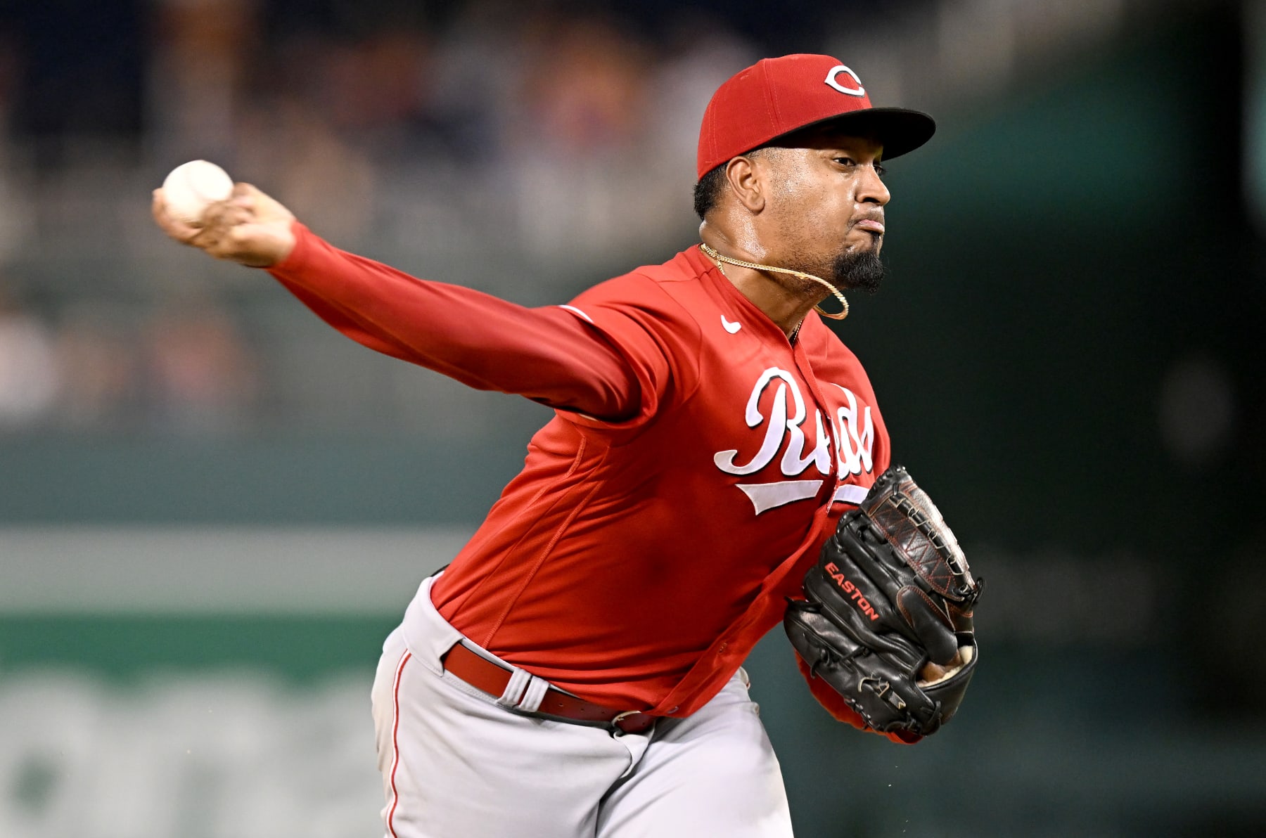 WASHINGTON, DC - AUGUST 27: Alexis Diaz #43 of the Cincinnati Reds pitches against the Washington Nationals at Nationals Park on August 27, 2022 in Washington, DC. (Photo by G Fiume/Getty Images)