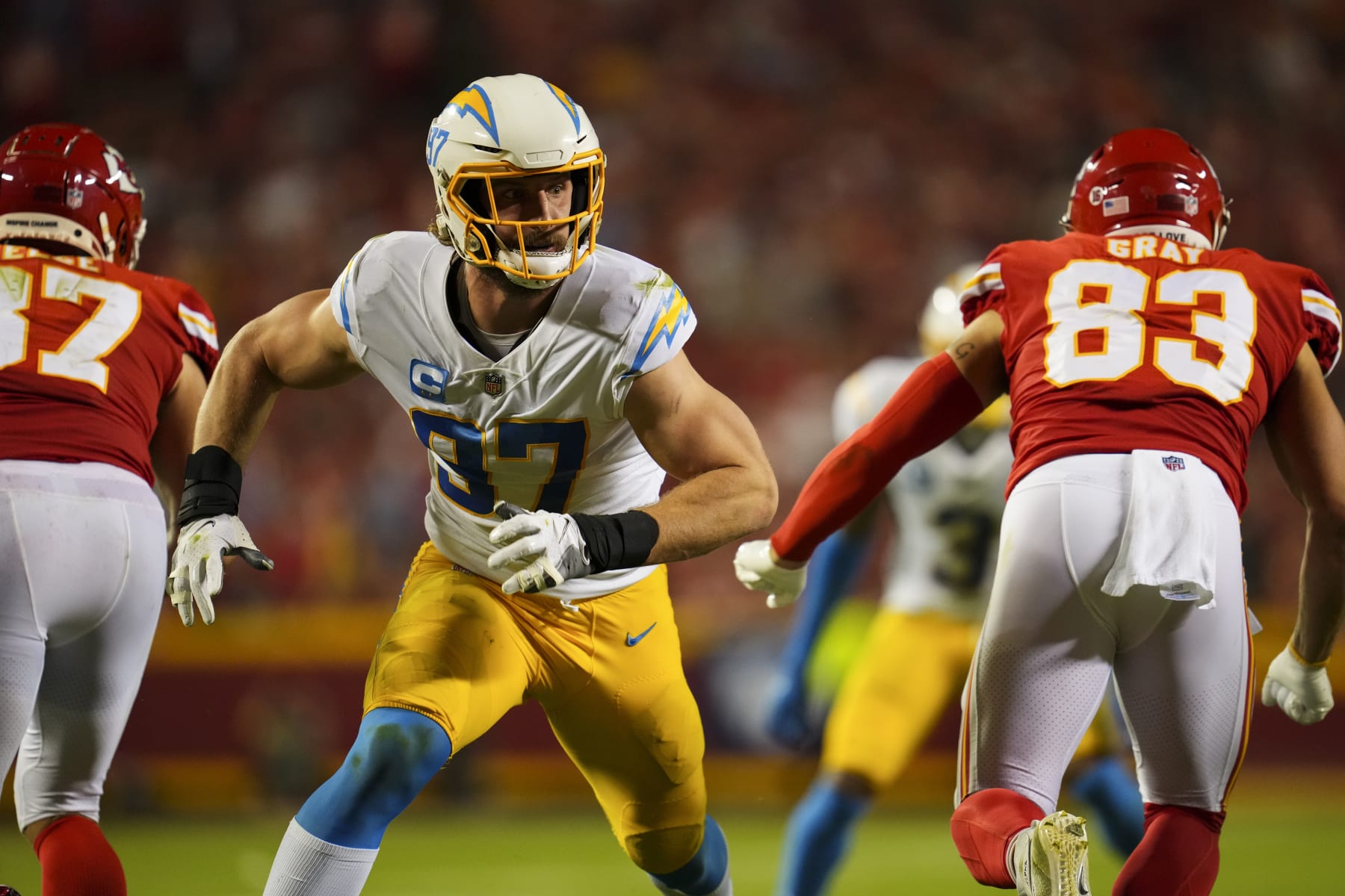 KANSAS CITY, MO - SEPTEMBER 15: Joey Bosa #97 of the Los Angeles Chargers rushes against the Kansas City Chiefs at GEHA Field at Arrowhead Stadium on September 15, 2022 in Kansas City, Missouri. (Photo by Cooper Neill/Getty Images)