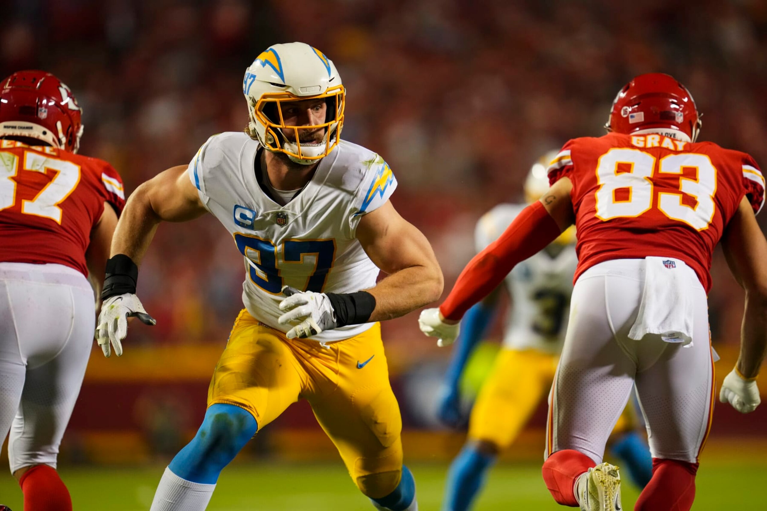 KANSAS CITY, MO - SEPTEMBER 15: Joey Bosa #97 of the Los Angeles Chargers rushes against the Kansas City Chiefs at GEHA Field at Arrowhead Stadium on September 15, 2022 in Kansas City, Missouri. (Photo by Cooper Neill/Getty Images)