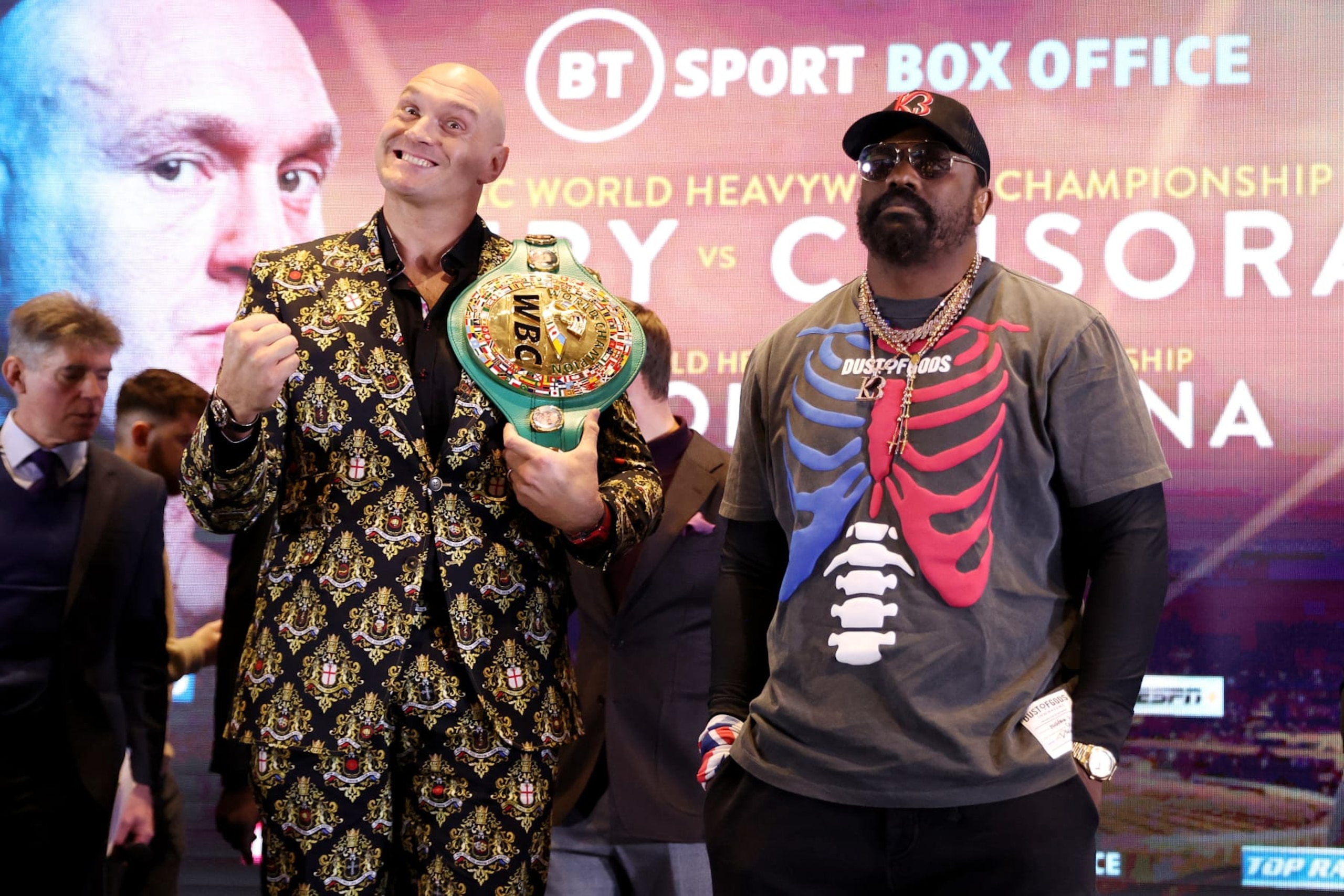 LONDON, ENGLAND - DECEMBER 01: Tyson Fury reacts next to Derek Chisora during the Tyson Fury v Derek Chisora: Press Conference at Tottenham Hotspur Stadium on December 01, 2022 in London, England. (Photo by Warren Little/Getty Images)