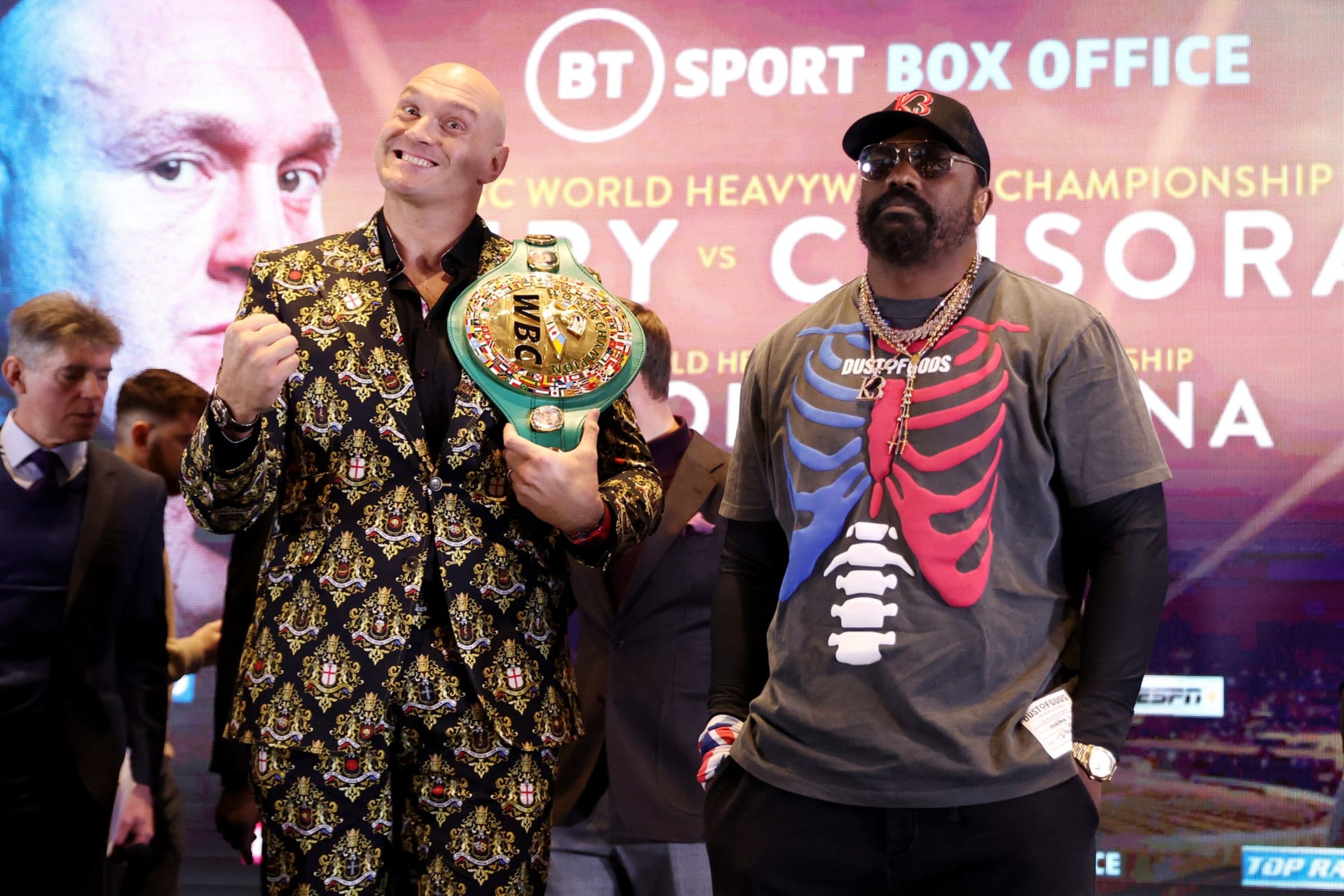 LONDON, ENGLAND - DECEMBER 01: Tyson Fury reacts next to Derek Chisora during the Tyson Fury v Derek Chisora: Press Conference at Tottenham Hotspur Stadium on December 01, 2022 in London, England. (Photo by Warren Little/Getty Images)