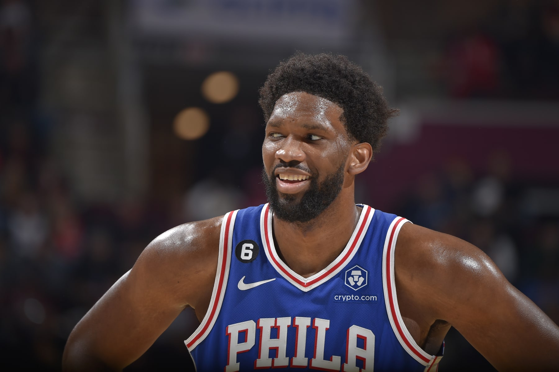 CLEVELAND, OH - NOVEMBER 30: Joel Embiid #21 of the Philadelphia 76ers looks on during the game against the Cleveland Cavaliers on November 30, 2022 at Rocket Mortgage FieldHouse in Cleveland, Ohio. NOTE TO USER: User expressly acknowledges and agrees that, by downloading and/or using this Photograph, user is consenting to the terms and conditions of the Getty Images License Agreement. Mandatory Copyright Notice: Copyright 2022 NBAE (Photo by David Liam Kyle/NBAE via Getty Images)