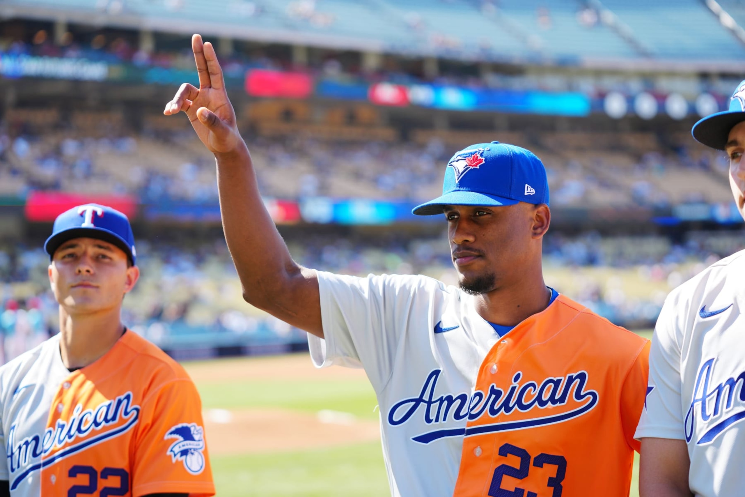 LOS ANGELES, CA - JULY 16: Yosver Zulueta #23 of the Toronto Blue Jays during player introductions prior to the 2022 SiriusXM All-Star Futures Game at Dodger Stadium on Saturday, July 16, 2022 in Los Angeles, California. (Photo by Daniel Shirey/MLB Photos via Getty Images)