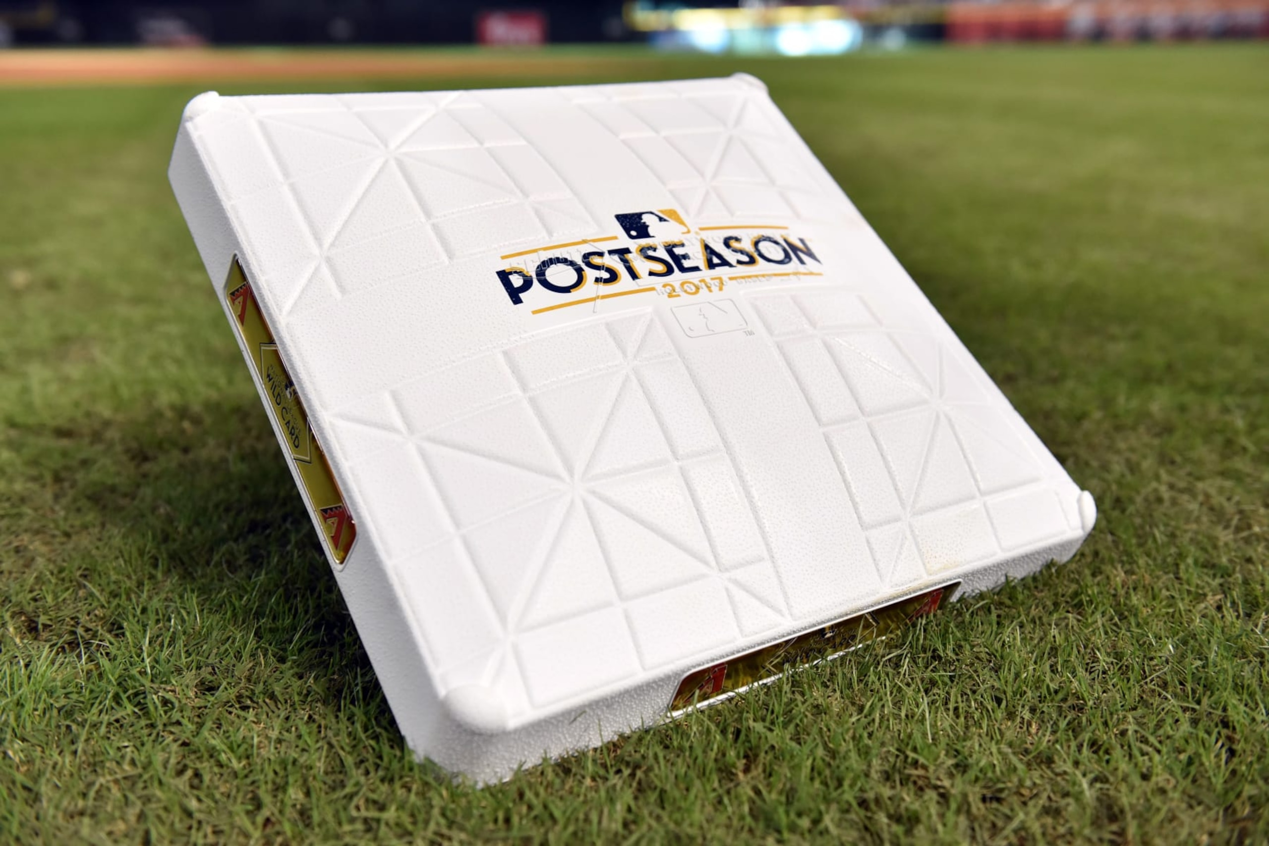 PHOENIX, AZ - OCTOBER 4: A detail shot of the Postseason base prior to the National League Wild Card game between the Colorado Rockies and the Arizona Diamondbacks at Chase Field on Wednesday, October 4, 2017 in Phoenix, Arizona. (Photo by Jennifer Stewart/MLB via Getty Images) PHOENIX, AZ - OCTOBER 4: A detail shot of the Postseason base prior to the National League Wild Card game between the Colorado Rockies and the Arizona Diamondbacks at Chase Field on Wednesday, October 4, 2017 in Phoenix, Arizona. (Photo by Jennifer Stewart/MLB via Getty Images)