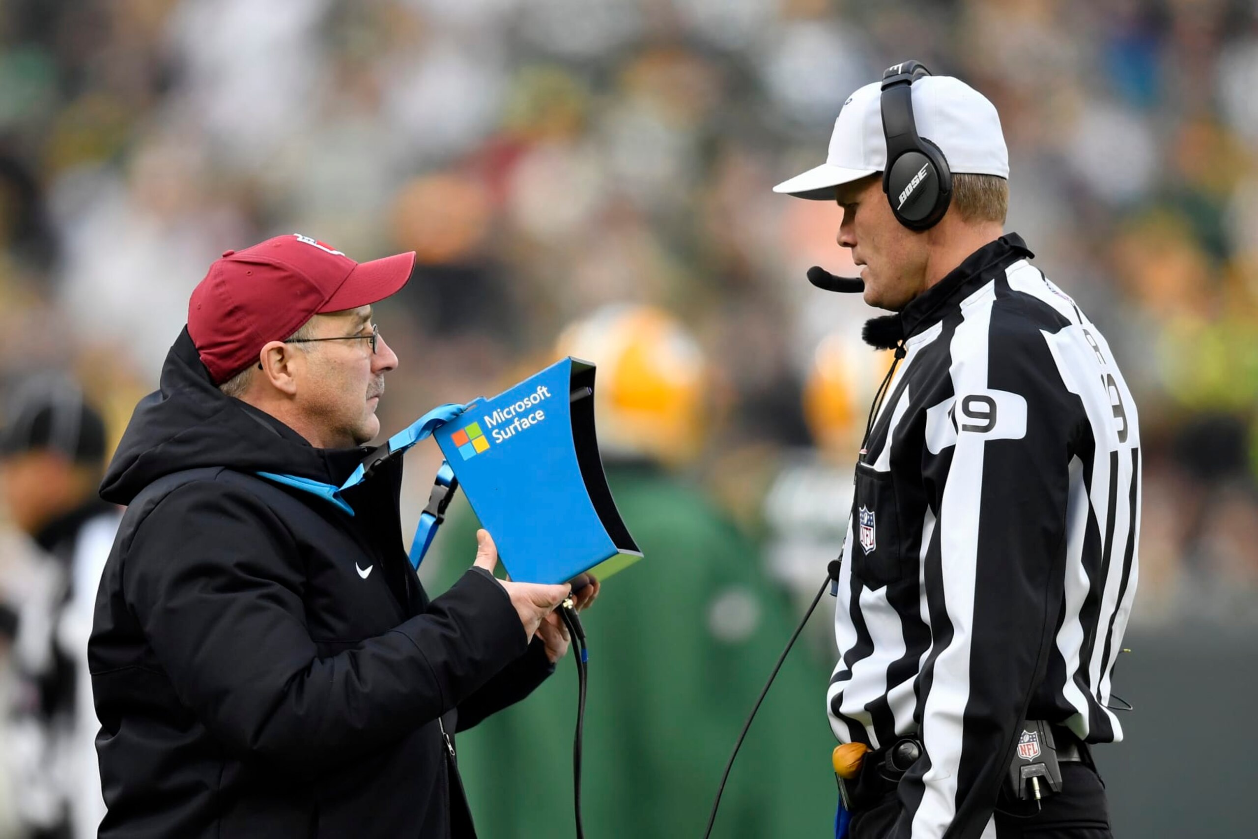 GREEN BAY, WISCONSIN - DECEMBER 08: Referee Clay Martin #19 reviews the instant replay in the second half of the game between the Green Bay Packers and the Washington Redskins at Lambeau Field on December 08, 2019 in Green Bay, Wisconsin. (Photo by Quinn Harris/Getty Images) GREEN BAY, WISCONSIN - DECEMBER 08: Referee Clay Martin #19 reviews the instant replay in the second half of the game between the Green Bay Packers and the Washington Redskins at Lambeau Field on December 08, 2019 in Green Bay, Wisconsin. (Photo by Quinn Harris/Getty Images)
