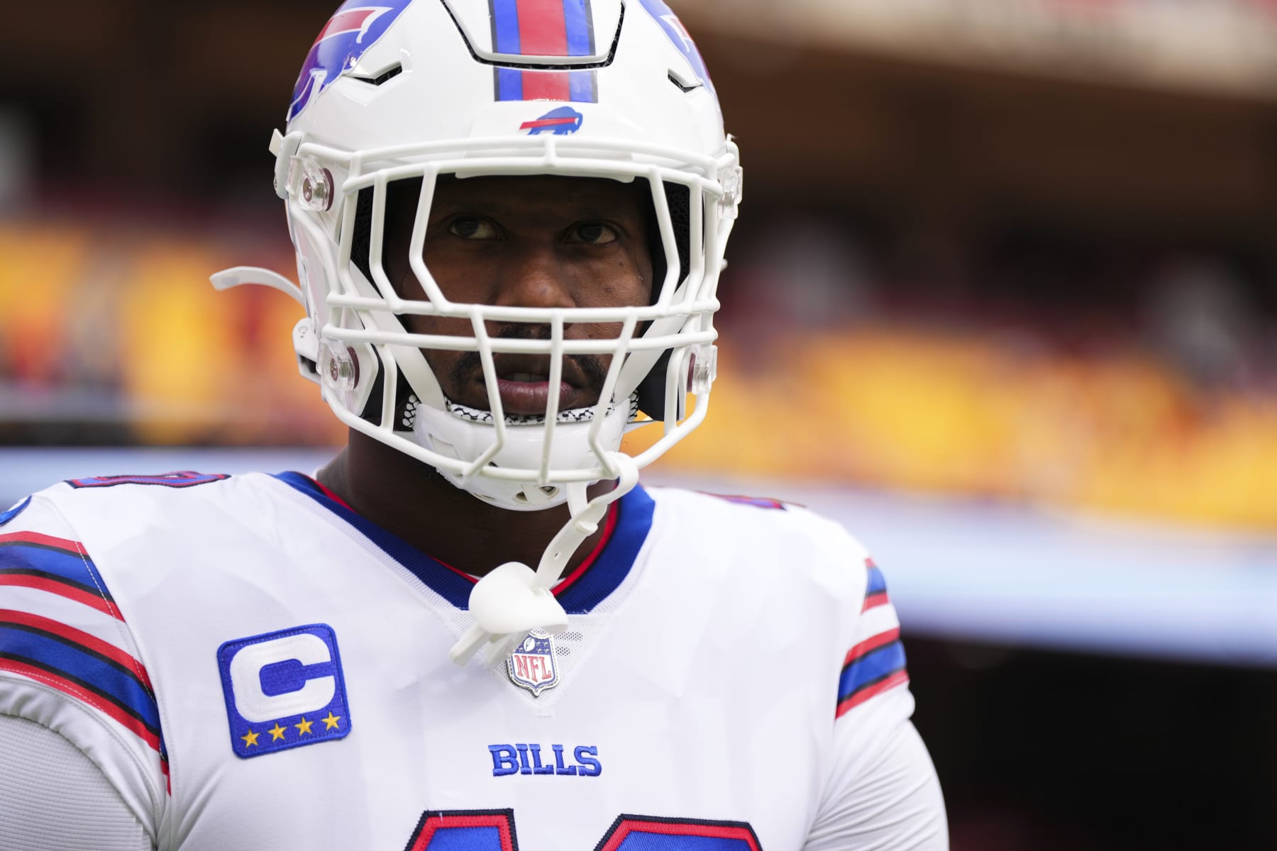 KANSAS CITY, MO - OCTOBER 16: Von Miller #40 of the Buffalo Bills warms up against the Kansas City Chiefs at GEHA Field at Arrowhead Stadium on October 16, 2022 in Kansas City, Missouri. (Photo by Cooper Neill/Getty Images)