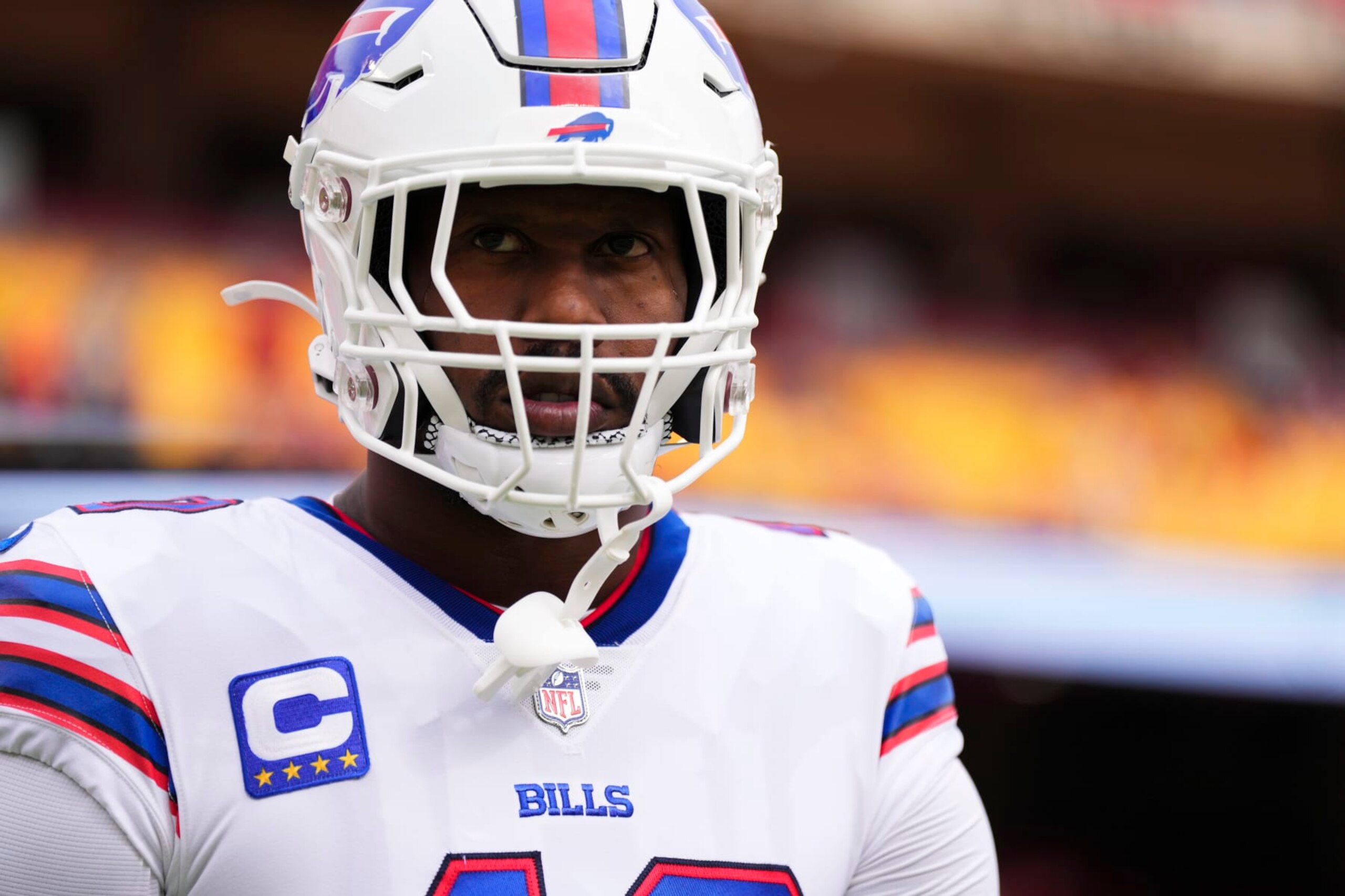 KANSAS CITY, MO - OCTOBER 16: Von Miller #40 of the Buffalo Bills warms up against the Kansas City Chiefs at GEHA Field at Arrowhead Stadium on October 16, 2022 in Kansas City, Missouri. (Photo by Cooper Neill/Getty Images)