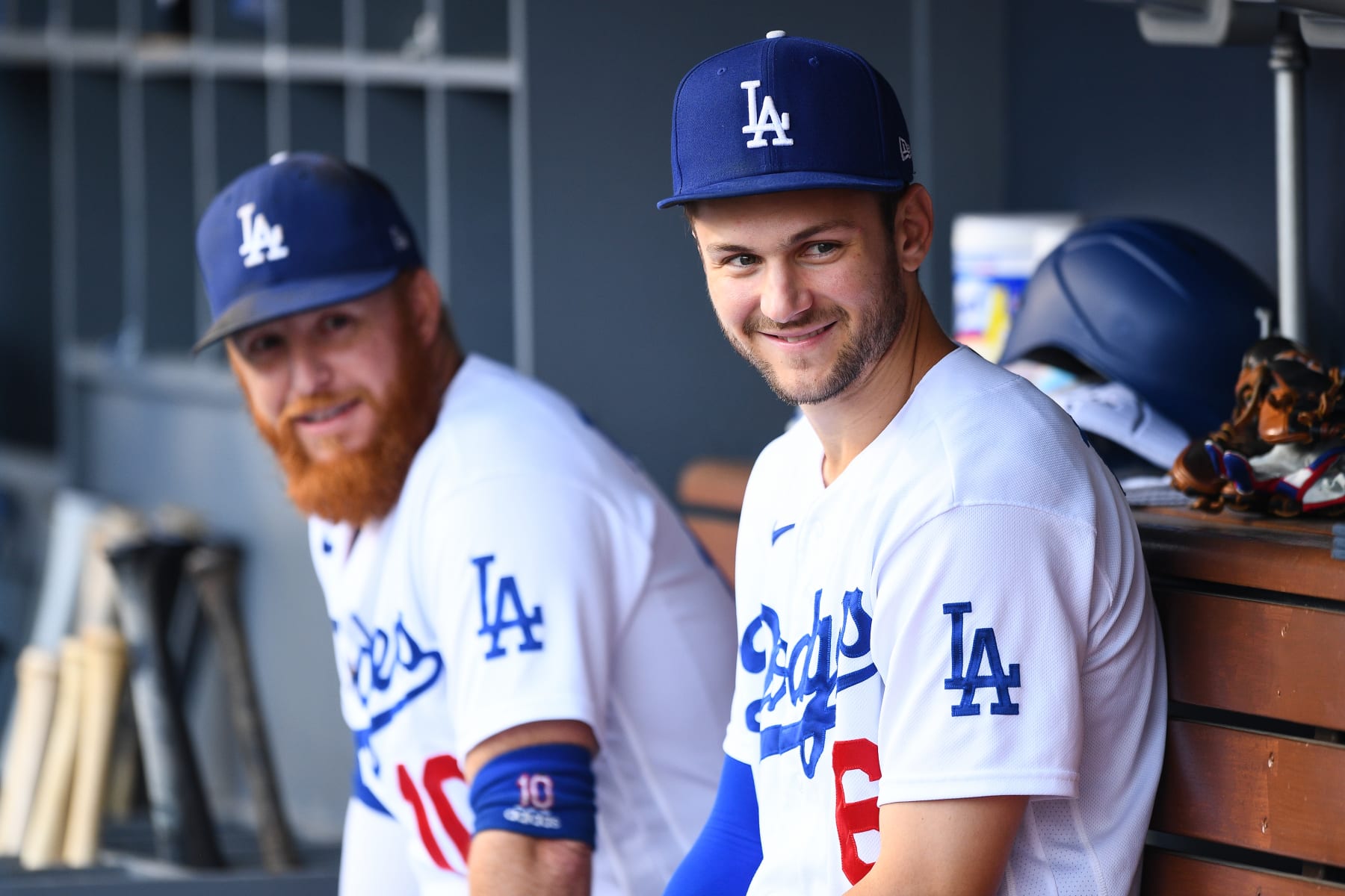 LOS ANGELES, CA - OCTOBER 06: Los Angeles Dodgers infielder Trea Turner (6) and Los Angeles Dodgers third baseman Justin Turner (10) look on in the dugout before the MLB National League Wild Card game between the St. Louis Cardinals and the Los Angeles Dodgers on October 6, 2021 at Dodger Stadium in Los Angeles, CA. (Photo by Brian Rothmuller/Icon Sportswire via Getty Images)