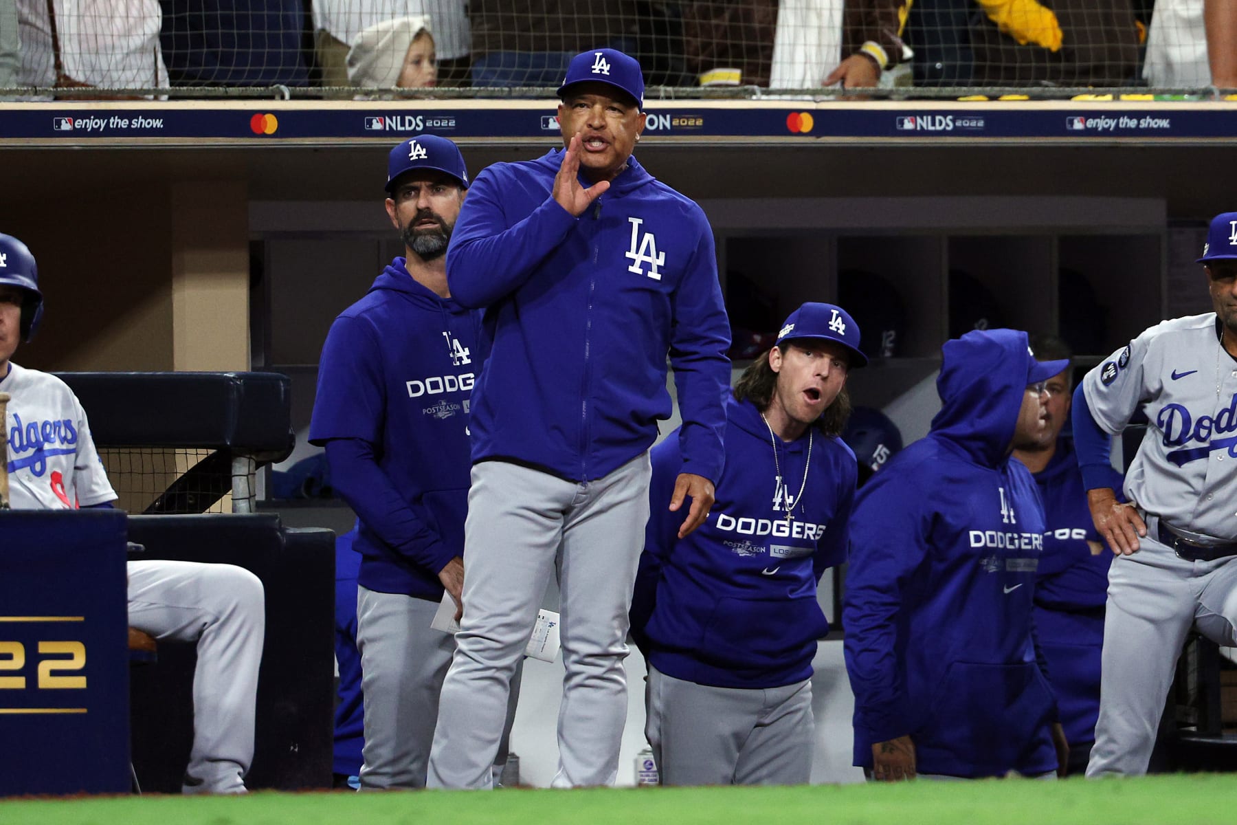 SAN DIEGO, CALIFORNIA - OCTOBER 15: Los Angeles Dodgers manager Dave Roberts reacts during the seventh inning against the San Diego Padres in game four of the National League Division Series at PETCO Park on October 15, 2022 in San Diego, California. (Photo by Harry How/Getty Images)