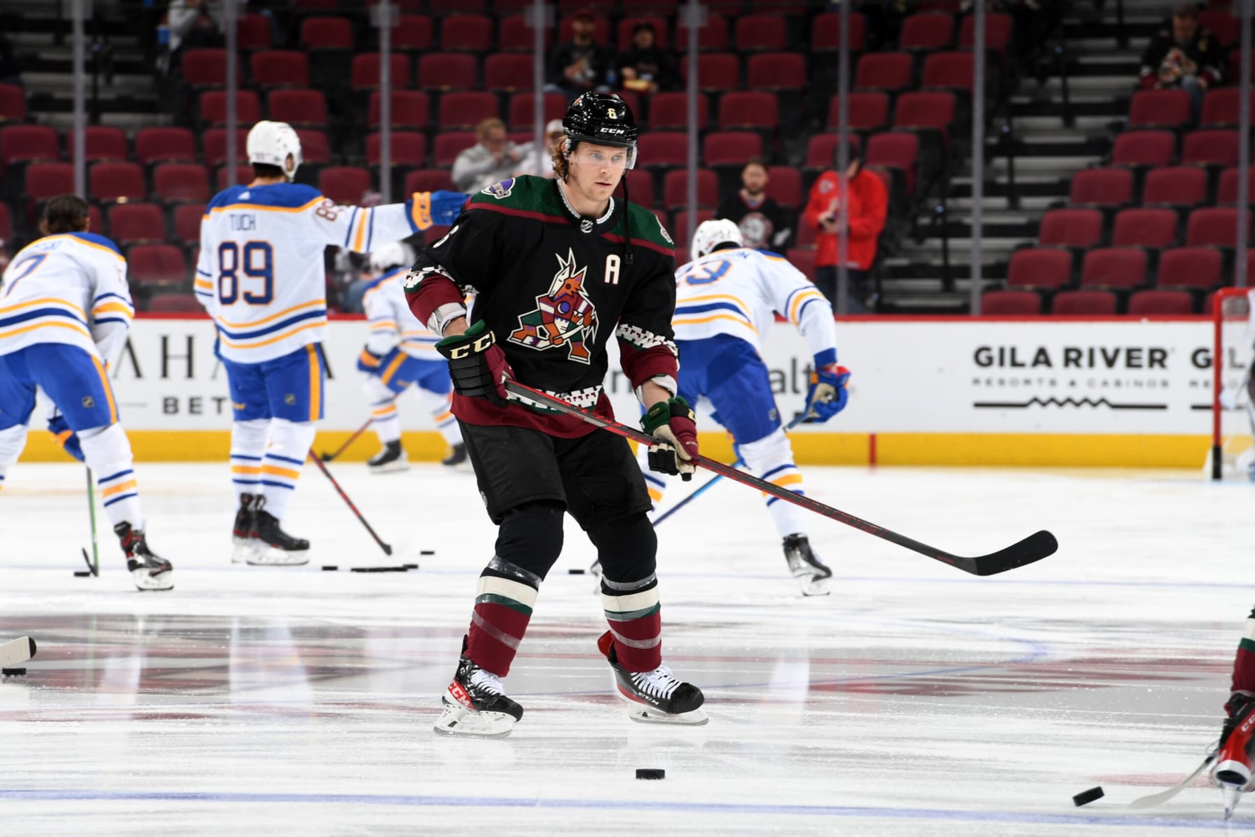 GLENDALE, ARIZONA - JANUARY 29: Jakob Chychrun #6 of the Arizona Coyotes warms up prior to a game against the Buffalo Sabres at Gila River Arena on January 29, 2022 in Glendale, Arizona. (Photo by Norm Hall/NHLI via Getty Images)